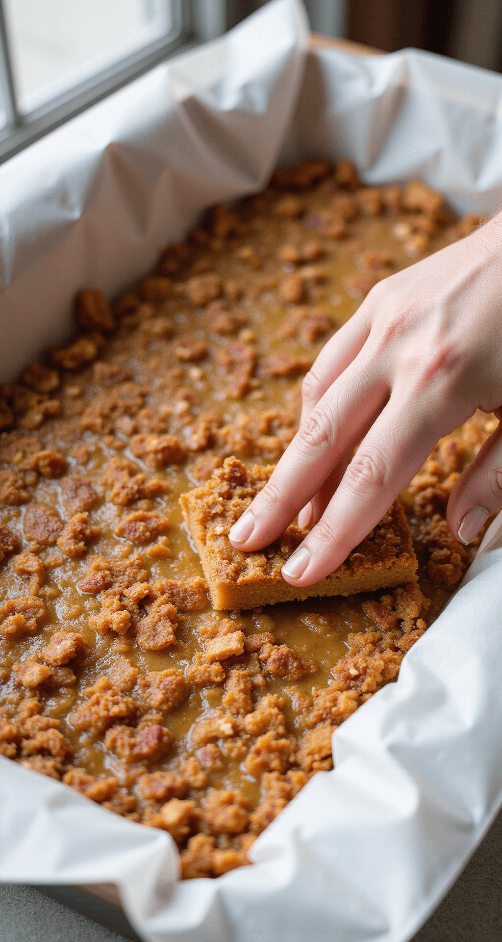 Carnivore Dessert Bars - Indulgent Low-Carb Delight Hands pressing a glossy pork rind crust into a parchment-lined dish in soft natural light.