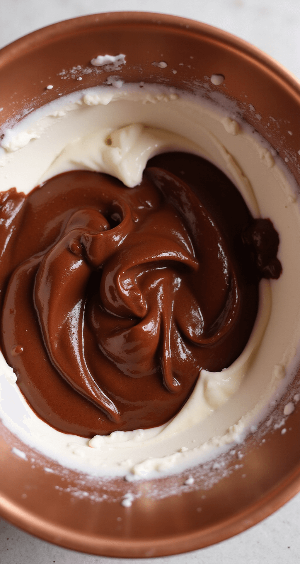 Carnivore Dessert Bars - Indulgent Low-Carb Delight Overhead view of chocolate mousse being folded in a copper bowl, showing dark cocoa swirls in whipped cream.