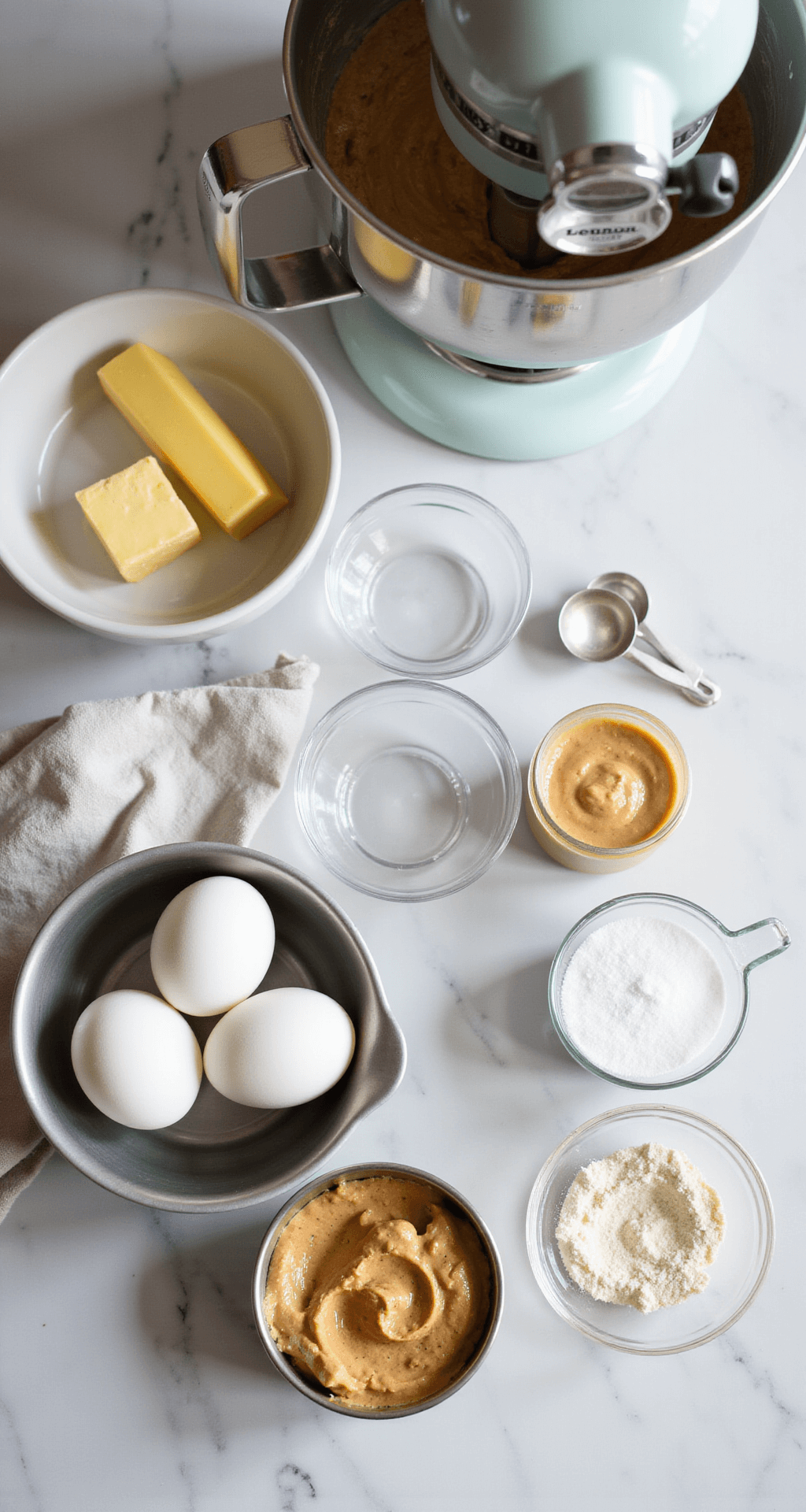 Peanut Butter Monster Cookies: A Decadent Homemade Treat That'll Blow Your Mind! Overhead view of a marble countertop with baking ingredients: butter, peanut butter, sugar bowls, and eggs with natural light and vintage stand mixer.