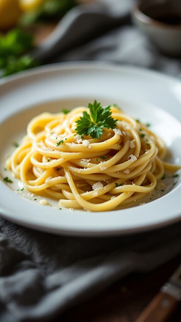 Garlic Parmesan Pasta (Quick & Creamy One-Pot Recipe) A white ceramic plate featuring a spiral of garlic Parmesan pasta, garnished with parsley and Parmesan shavings, with side lighting accentuating the creamy sauce and a shallow depth of field for focus.