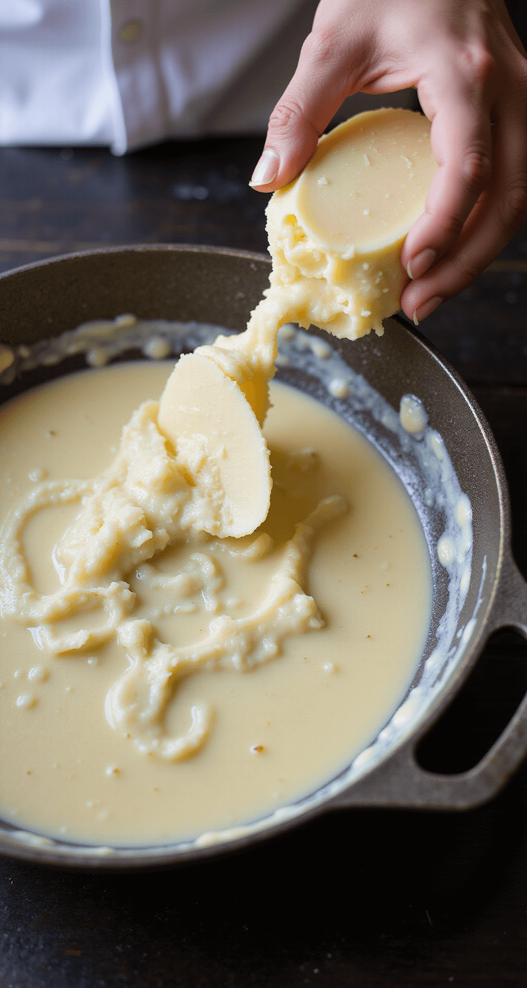Garlic Parmesan Pasta: Your Ultimate Comfort Food Masterpiece Overhead view of a chef's hands stirring a creamy garlic Parmesan sauce in a rustic cast-iron skillet, with melted butter and minced garlic visible, illuminated by soft natural light.