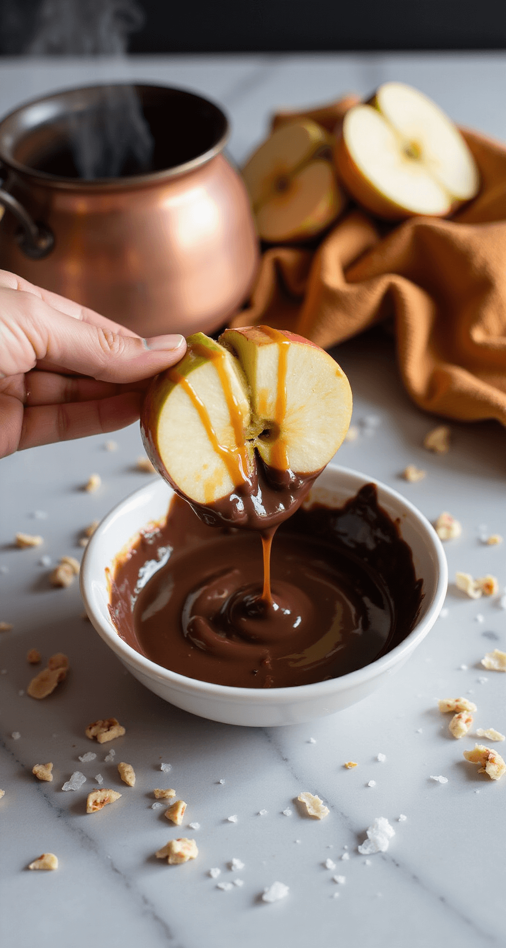 Irresistible Fall Desserts: From Pumpkin to Caramel Delights Close-up of apple slices dipped in dark chocolate with caramel drizzle on a marble countertop, surrounded by crushed nuts and sea salt, with a vintage pot and tea towel in the background.