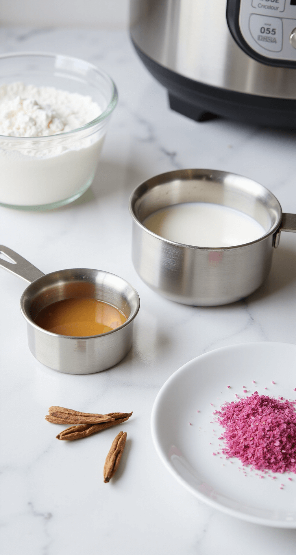 Easy Indian Desserts: Delightful Sweets in Under 30 Minutes A pristine white marble countertop featuring stainless steel measuring cups with milk powder and condensed milk, a microwave-safe glass bowl, cardamom pods, and rose-pink gulkand, all illuminated by soft natural light, suggesting a professional kitchen setup.