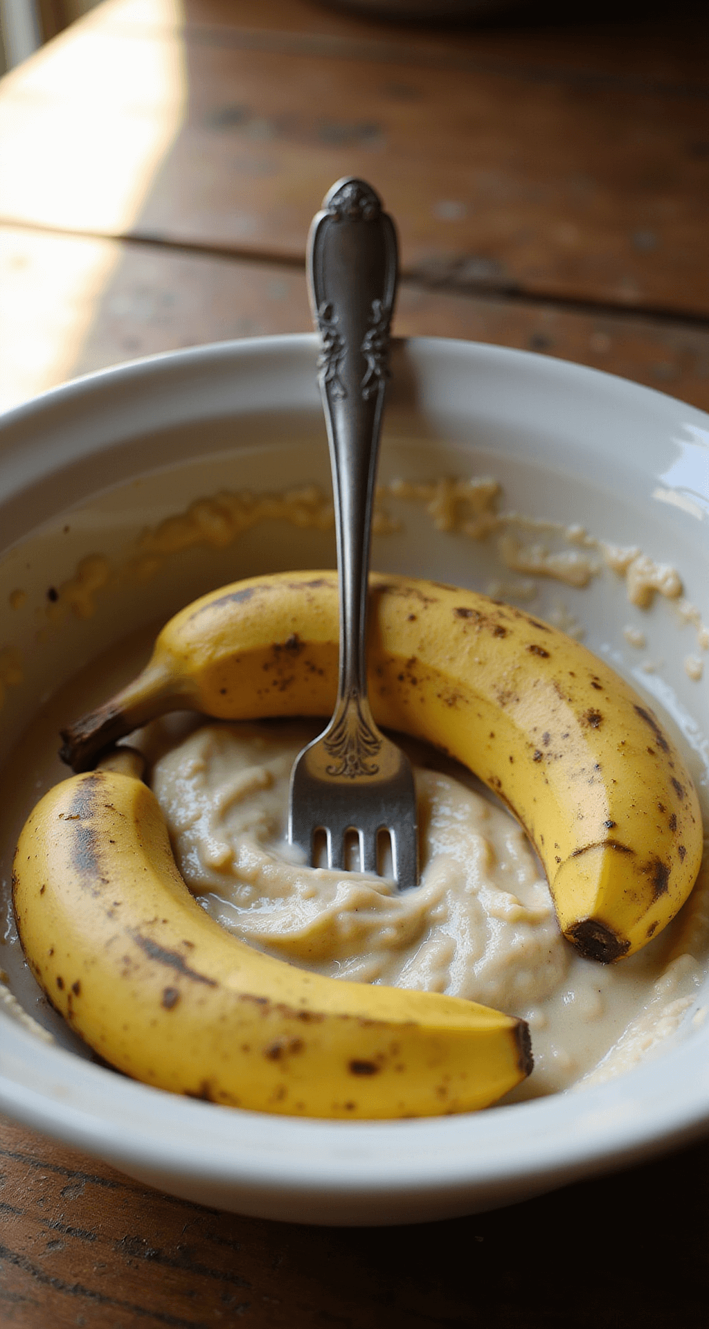 2-Banana Banana Bread: Moist, Simple, and Absolutely Delicious Overripe bananas being mashed in a ceramic bowl with a fork on a wooden countertop, bathed in golden afternoon light.