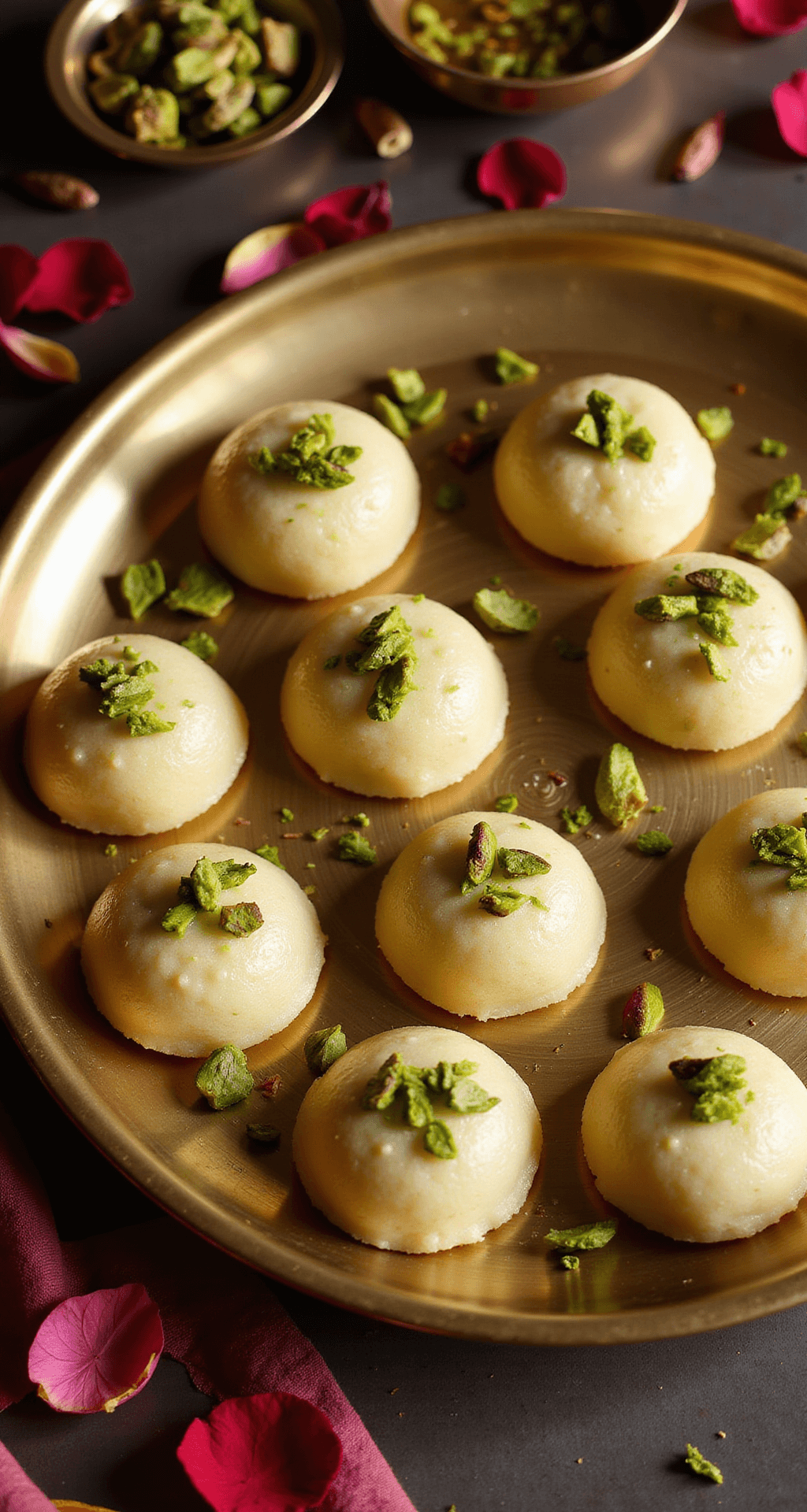 Easy Indian Desserts: Delightful Sweets in Under 30 Minutes Artistic overhead shot of freshly made pedas on a brass thali, garnished with chopped pistachios, surrounded by rose petals and a bowl of cardamom pods, with warm lighting highlighting their smooth texture.