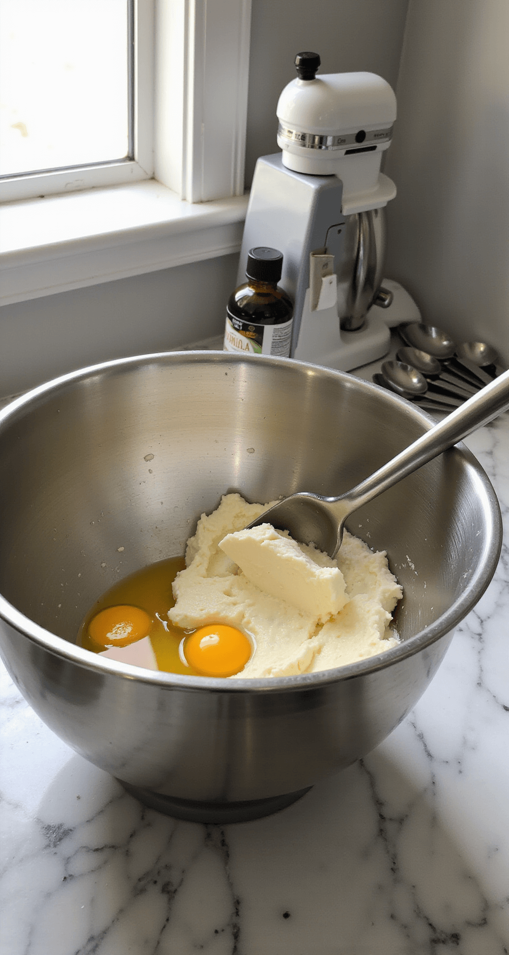 Carnivore Desserts: Decadent Animal-Based Sweet Treats Close-up of a stainless steel mixing bowl with softened cream cheese, butter, and fresh eggs, with natural light highlighting the textures; a professional electric mixer, measuring spoons, and a bottle of vanilla extract are arranged on a marble countertop.
