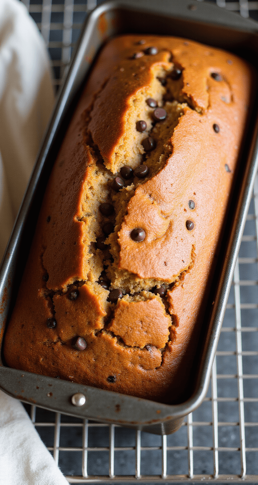 2-Banana Banana Bread: Moist, Simple, and Absolutely Delicious Golden-brown banana bread cooling in a loaf pan with steam rising, featuring chocolate chips and a slightly cracked top.