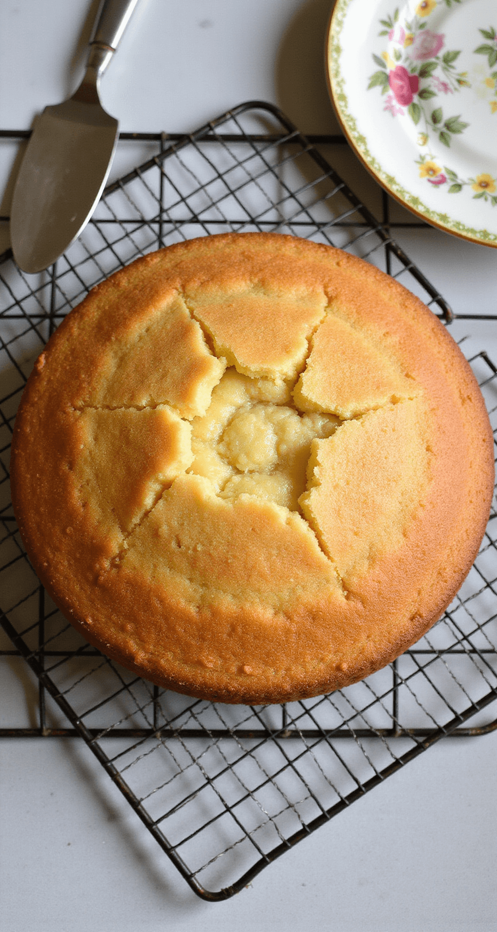 Carnivore Desserts: Decadent Animal-Based Sweet Treats Overhead view of a golden-brown 8-inch cake with a crackled top, on a vintage wire cooling rack, in soft afternoon light, with a silver cake server and fine bone china plate in the background. The cake appears moist and rich.