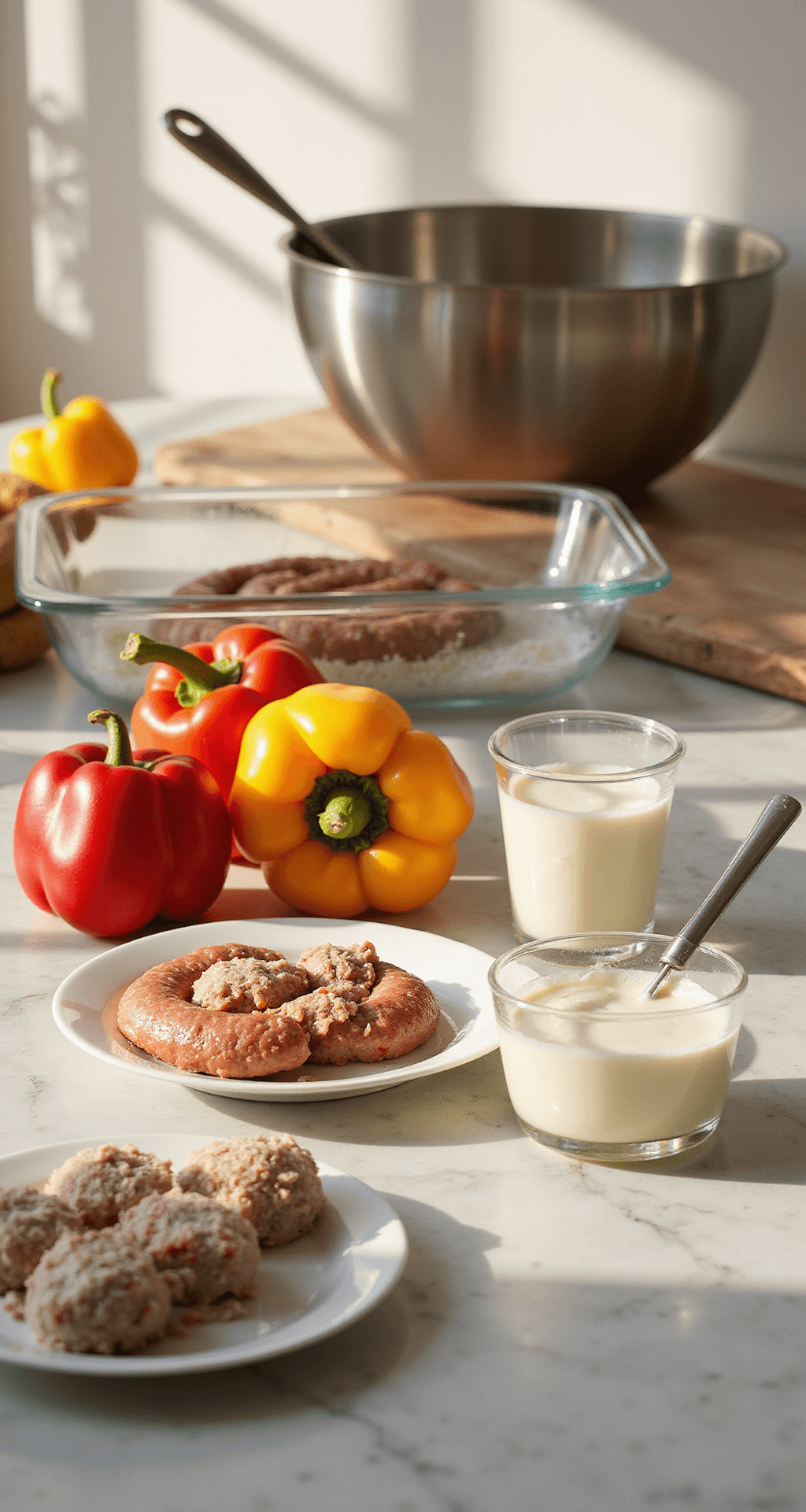 Keto Breakfast Casserole: The Ultimate Low-Carb Morning Miracle A sunlit kitchen countertop with fresh eggs, cream, sausage, bell peppers, and a glass casserole dish, showcasing a keto-friendly meal preparation setup.