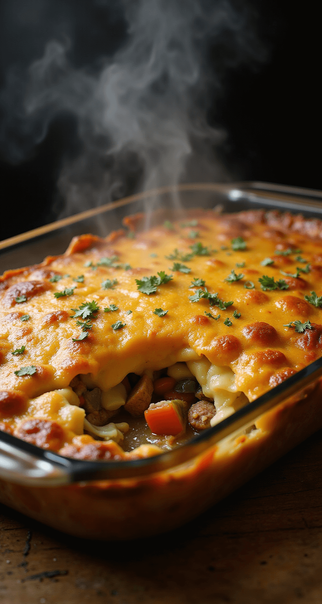 Keto Breakfast Casserole: The Ultimate Low-Carb Morning Miracle Golden-brown breakfast casserole with melted cheese crust, sausage, and vegetables, garnished with herbs on a wooden surface with steam rising.