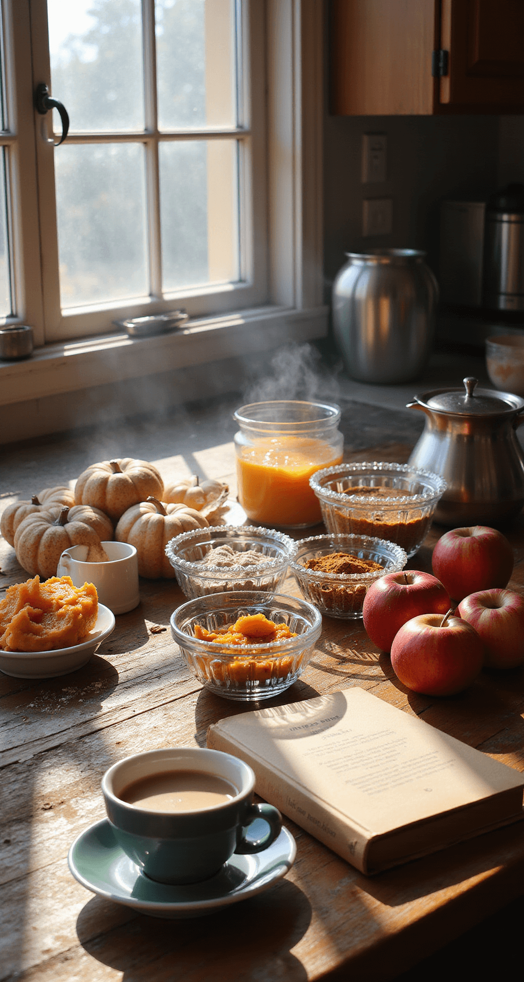 ULTIMATE FALL DESSERT RECIPE GUIDE: Cozy Autumn Baking Delights A sunlit rustic kitchen countertop displays organized baking ingredients, including vibrant spices in glass bowls, fresh red apples, golden pumpkin puree, and flour-dusted measuring cups, with steam rising from a coffee cup next to a worn recipe book.