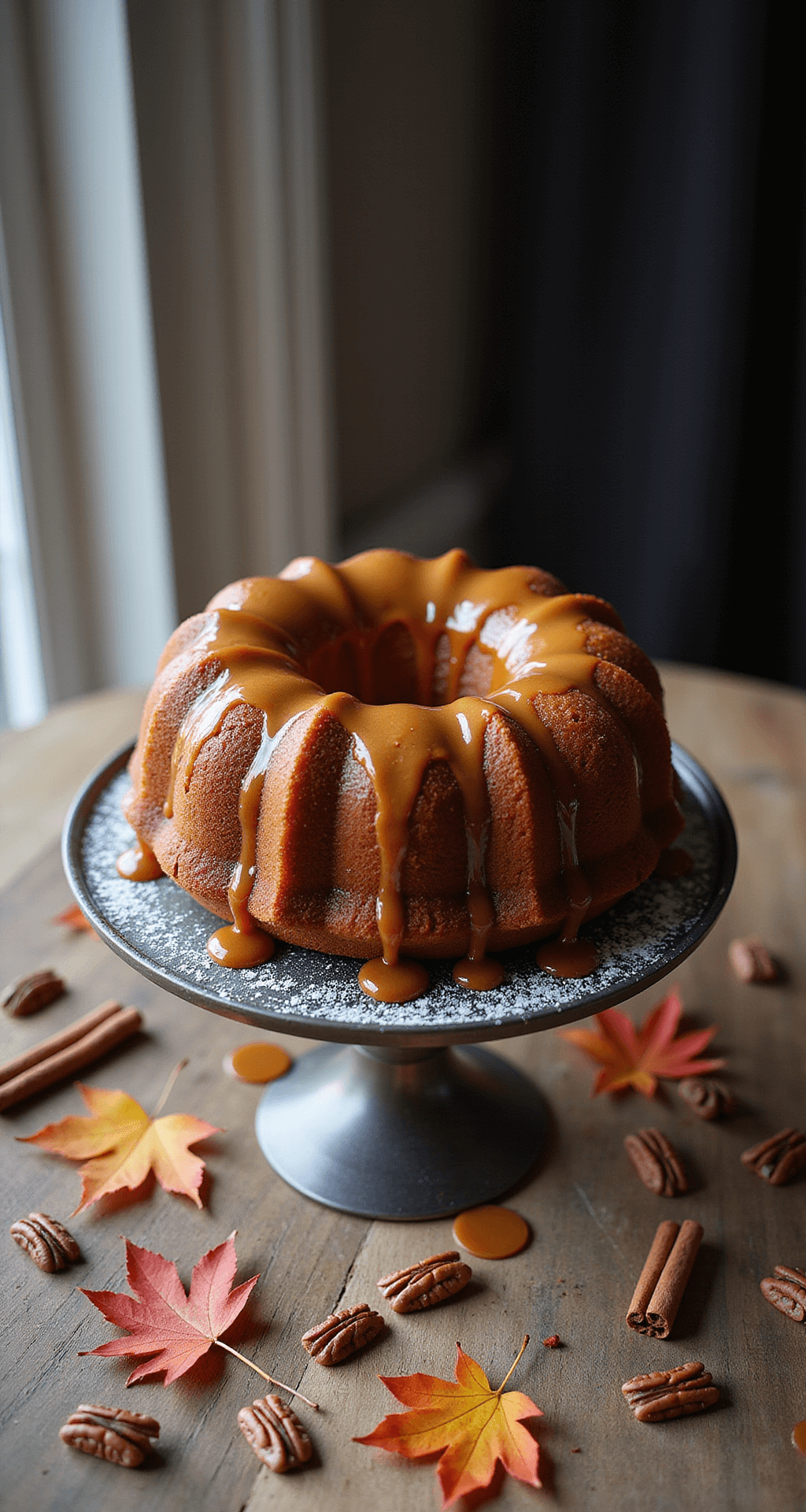 ULTIMATE FALL DESSERT RECIPE GUIDE: Cozy Autumn Baking Delights An elegant farmhouse-style table features a freshly baked pumpkin bundt cake with caramel glaze, surrounded by maple leaves, cinnamon sticks, roasted pecans, and a dusting of powdered sugar, illuminated by soft window light.