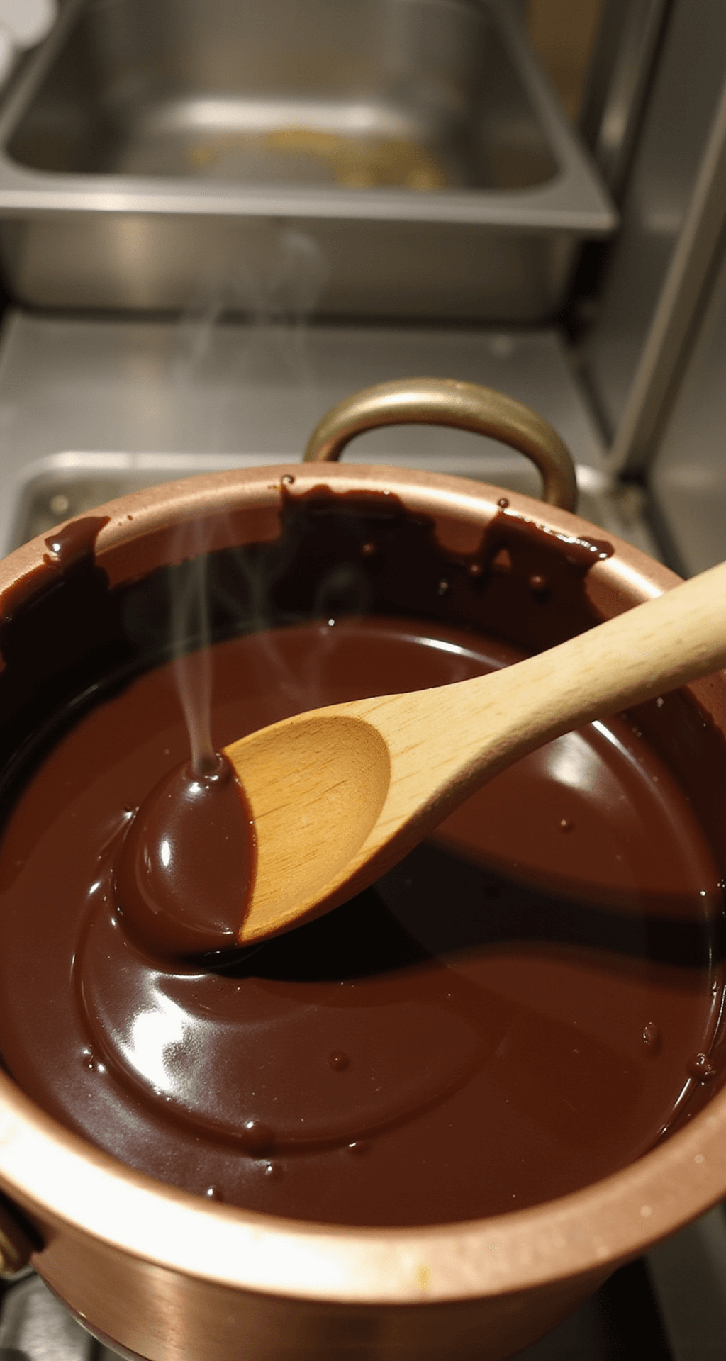 Decadent Chocolate Desserts: Your Ultimate Guide to Molten, Fudgy Delights Close-up of dark chocolate and butter melting in a copper double boiler with steam, in a professional kitchen setting.