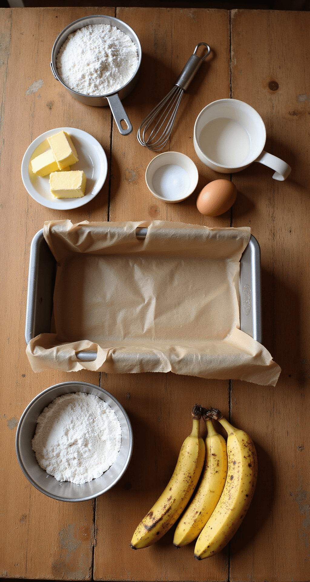 BANANA BREAD WITH 2 RIPE BANANAS Overhead view of a rustic wooden countertop with ingredients for banana bread: two overripe bananas, eggs, butter, measuring cups of flour and sugar, a vintage mixing bowl, a whisk, and a partially lined loaf pan.
