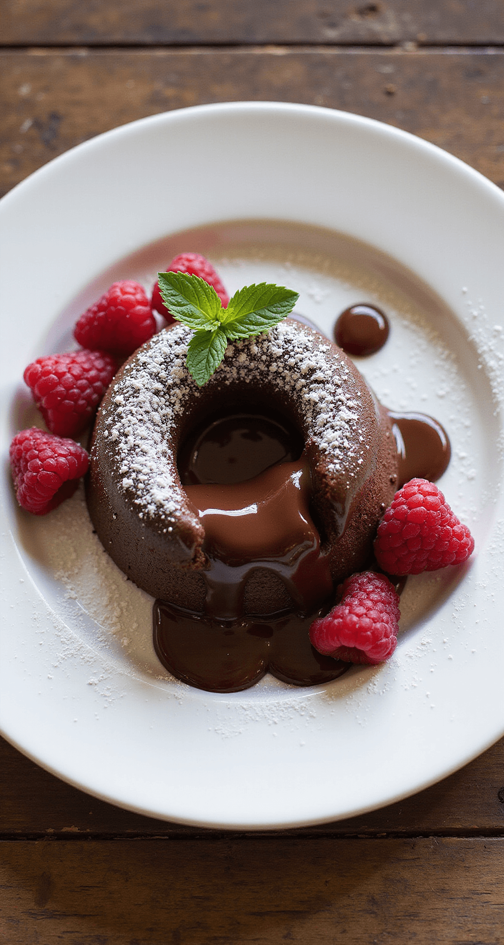 Decadent Chocolate Desserts: Your Ultimate Guide to Molten, Fudgy Delights Overhead view of beautifully plated molten chocolate cake with raspberries, powdered sugar, and mint leaf on white porcelain.