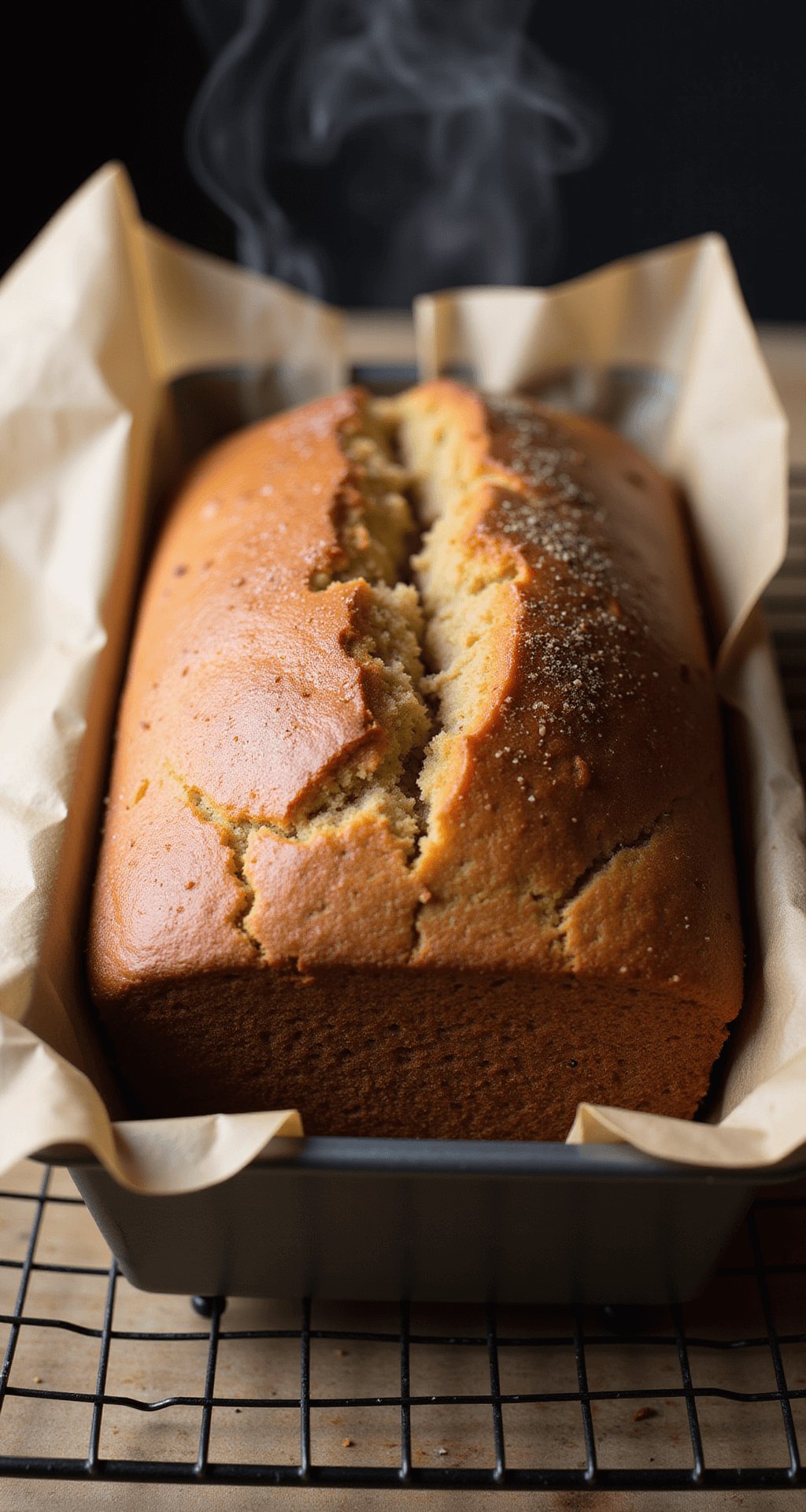 BANANA BREAD WITH 2 RIPE BANANAS Close-up of a freshly baked golden-brown banana bread loaf in a parchment-lined pan, with steam rising, a visible crack on top, moist crumb, and a dusting of cinnamon sugar on the crust, resting on a wire cooling rack that casts shadows.