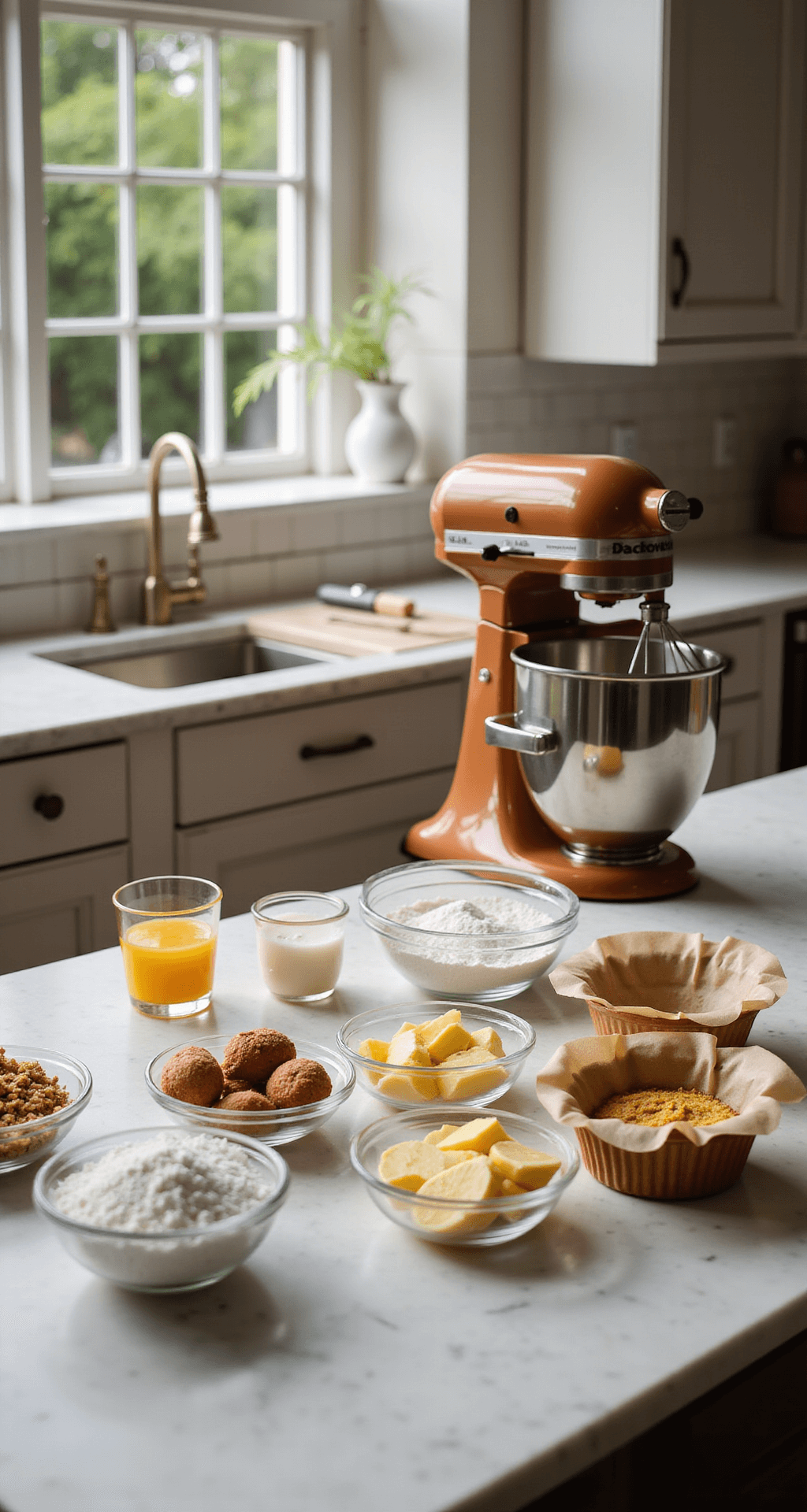 Cake Bento - Adorable Mini Cake Perfection A sunlit professional kitchen with a marble countertop displaying neatly arranged ingredients for mini cakes, including flour, eggs, butter, and sugar in glass bowls, accompanied by a copper stand mixer and cake pans.