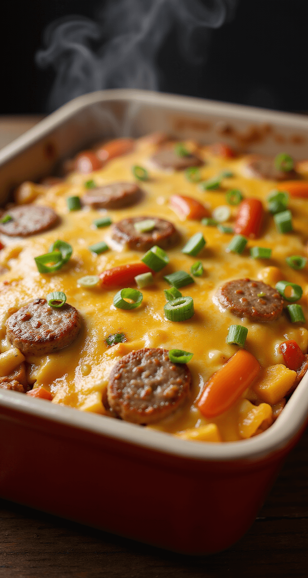 KETO BREAKFAST CASSEROLE: A DELICIOUS LOW-CARB MORNING FEAST Close-up of a golden-brown breakfast casserole in a ceramic dish, showcasing melted cheese, sausage, and bell peppers, garnished with green onion, with steam rising against a dark background.