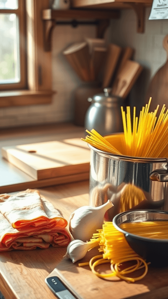 Garlic Bacon Pasta (Quick & One-Pan) A sunlit rustic kitchen countertop with ingredients for pasta preparation: bacon, garlic, spaghetti, a copper pot, cutting board, and colander.