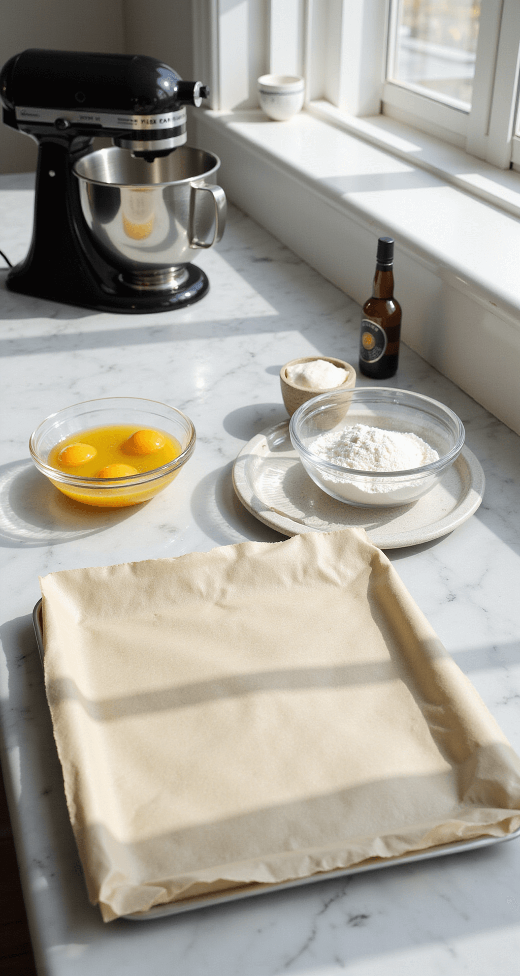 CAKE ROLL RECIPES: The Ultimate Guide to Mastering Rolled Desserts A bright kitchen counter features a jelly roll pan lined with parchment paper, surrounded by glass bowls of fresh eggs, flour, sugar, and vanilla extract, with a professional stand mixer nearby and natural light casting soft shadows across the marble surface.