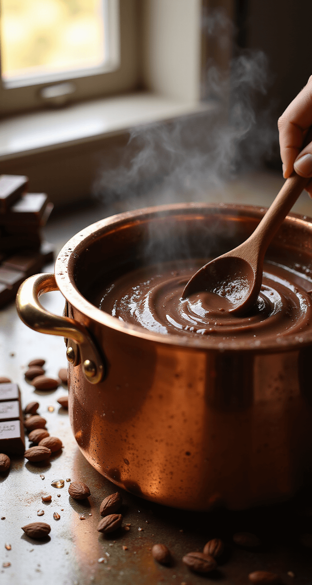 ULTIMATE CHOCOLATE DESSERTS: FROM CLASSIC TO CREATIVE Close-up of dark chocolate melting in a copper double boiler with afternoon light, steam rising, and a wooden spoon stirring. Condensation on stainless steel surfaces, cacao beans, and chocolate bars in soft focus.