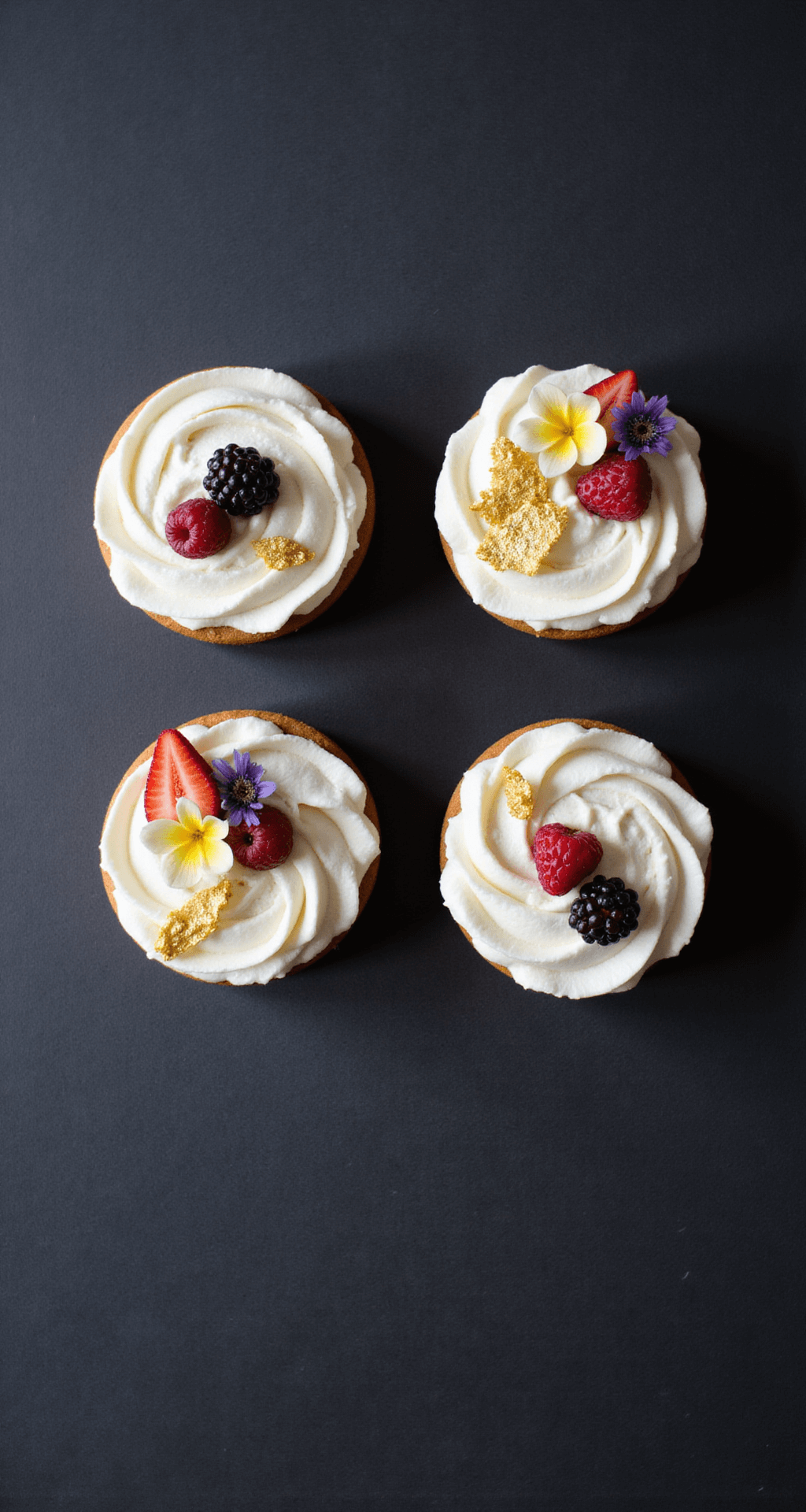 Cake Bento - Adorable Mini Cake Perfection Overhead shot of four mini cake bentos with buttercream swirls, adorned with fresh berries, golden chocolate shards, and edible flowers on a black surface.