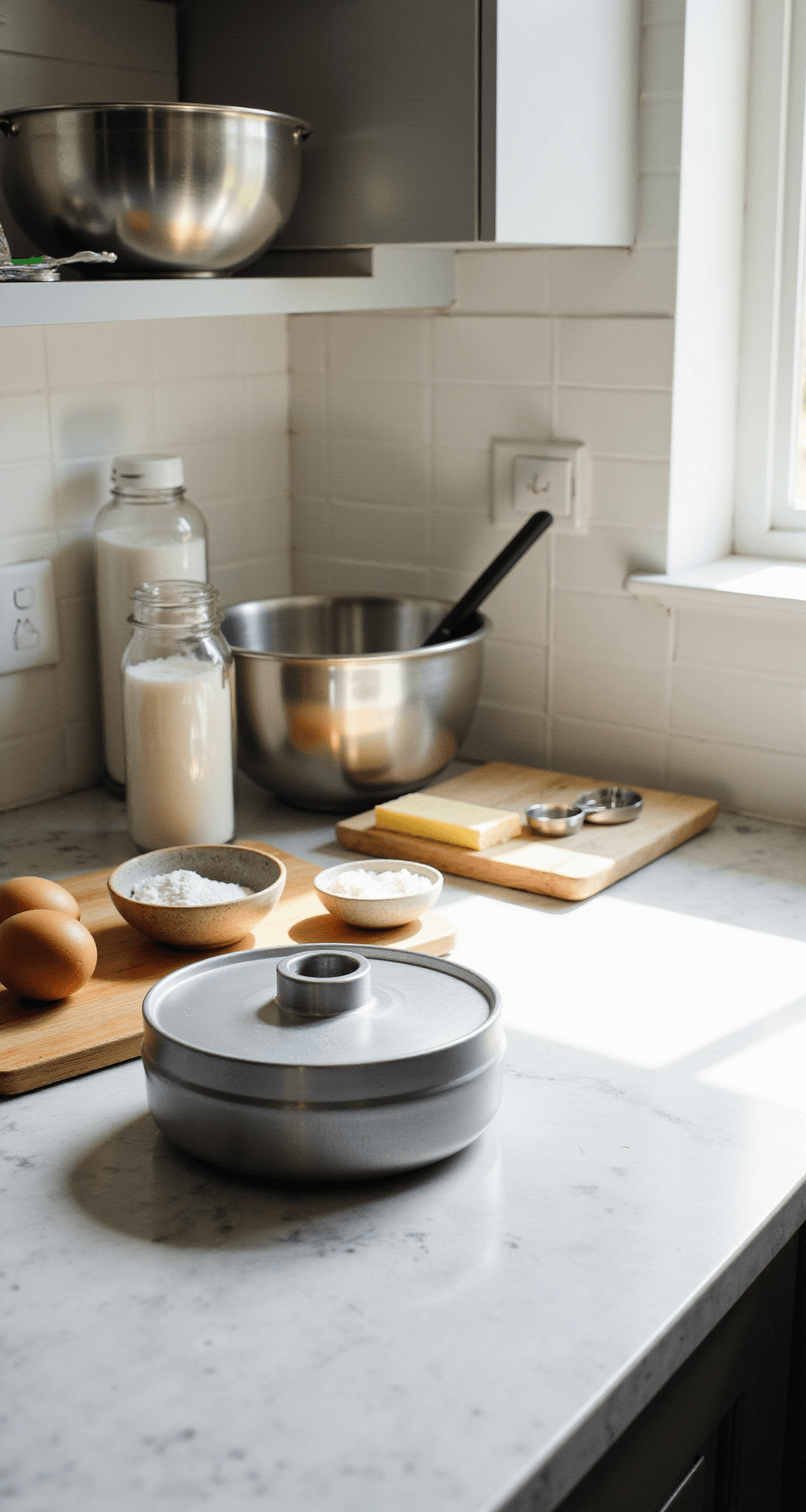 Graduation Bento Cake: A Sweet Celebration of Achievement Sunlit kitchen counter with baking ingredients and a mini cake pan.