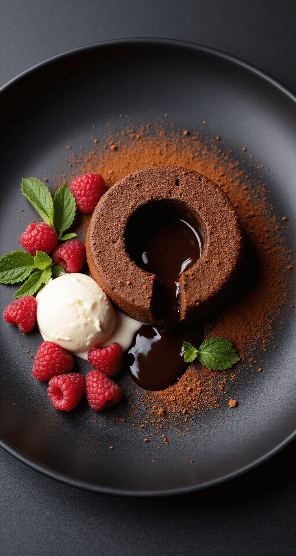 ULTIMATE CHOCOLATE DESSERTS: FROM CLASSIC TO CREATIVE Overhead view of a perfectly plated chocolate molten cake on a matte black ceramic plate, surrounded by raspberries, a quenelle of vanilla bean ice cream, mint leaves, cocoa powder, and a touch of edible gold leaf.
