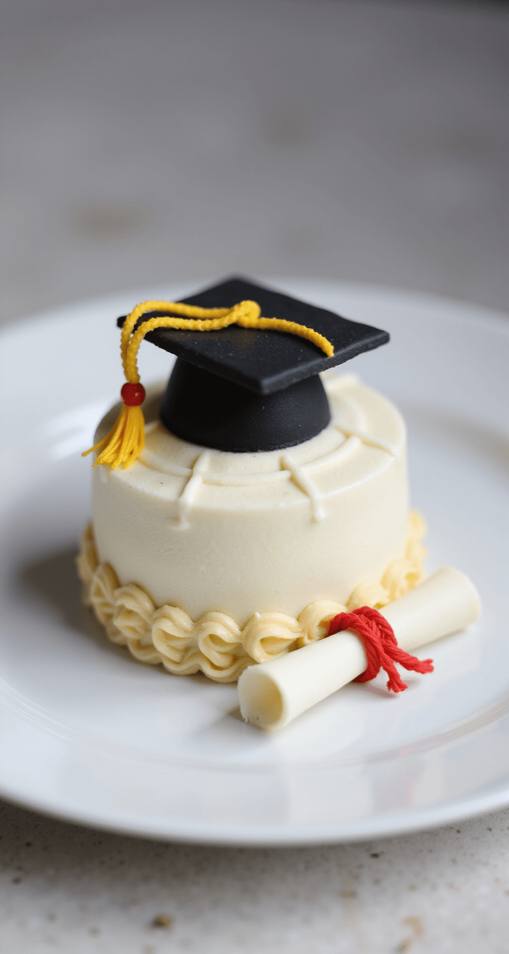 Graduation Bento Cake: A Sweet Celebration of Achievement Elegant decorated graduation bento cake with fondant cap and edible diploma on a white plate.