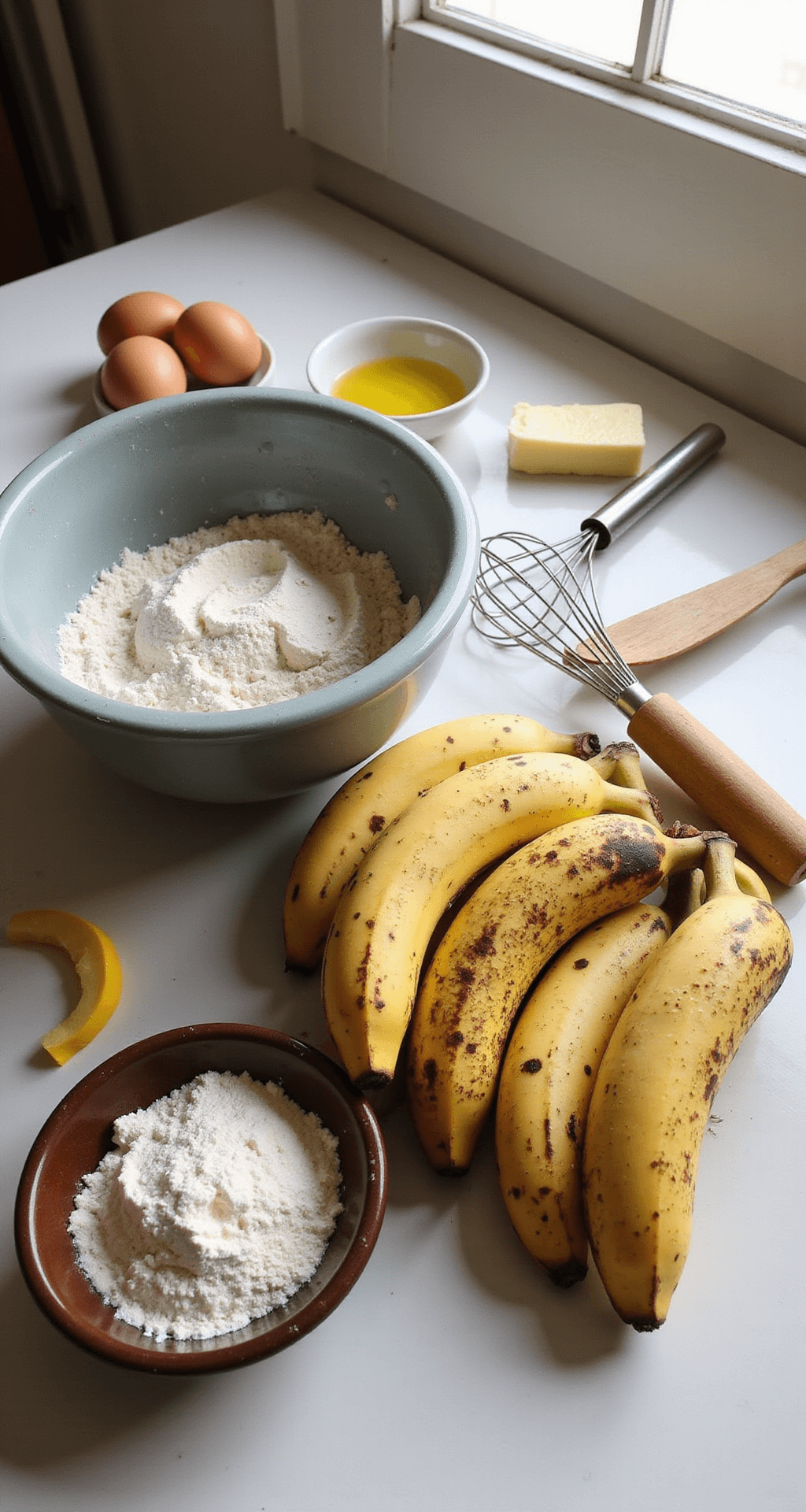 The Ultimate Moist Banana Bread: A Foolproof Recipe for Banana Lovers Sunlit kitchen counter with overripe bananas, mixing bowl, and baking ingredients, evoking a cozy atmosphere.