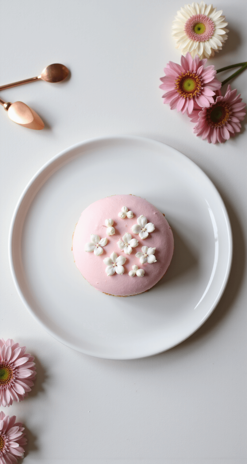 LUNCHBOX LOVE: THE ULTIMATE BENTO CAKE RECIPE Overhead view of a 4-inch pastel pink bento cake with white floral decorations and edible pearls on a white ceramic plate, surrounded by fresh edible flowers and rose gold cake tools, illuminated by soft, diffused lighting.