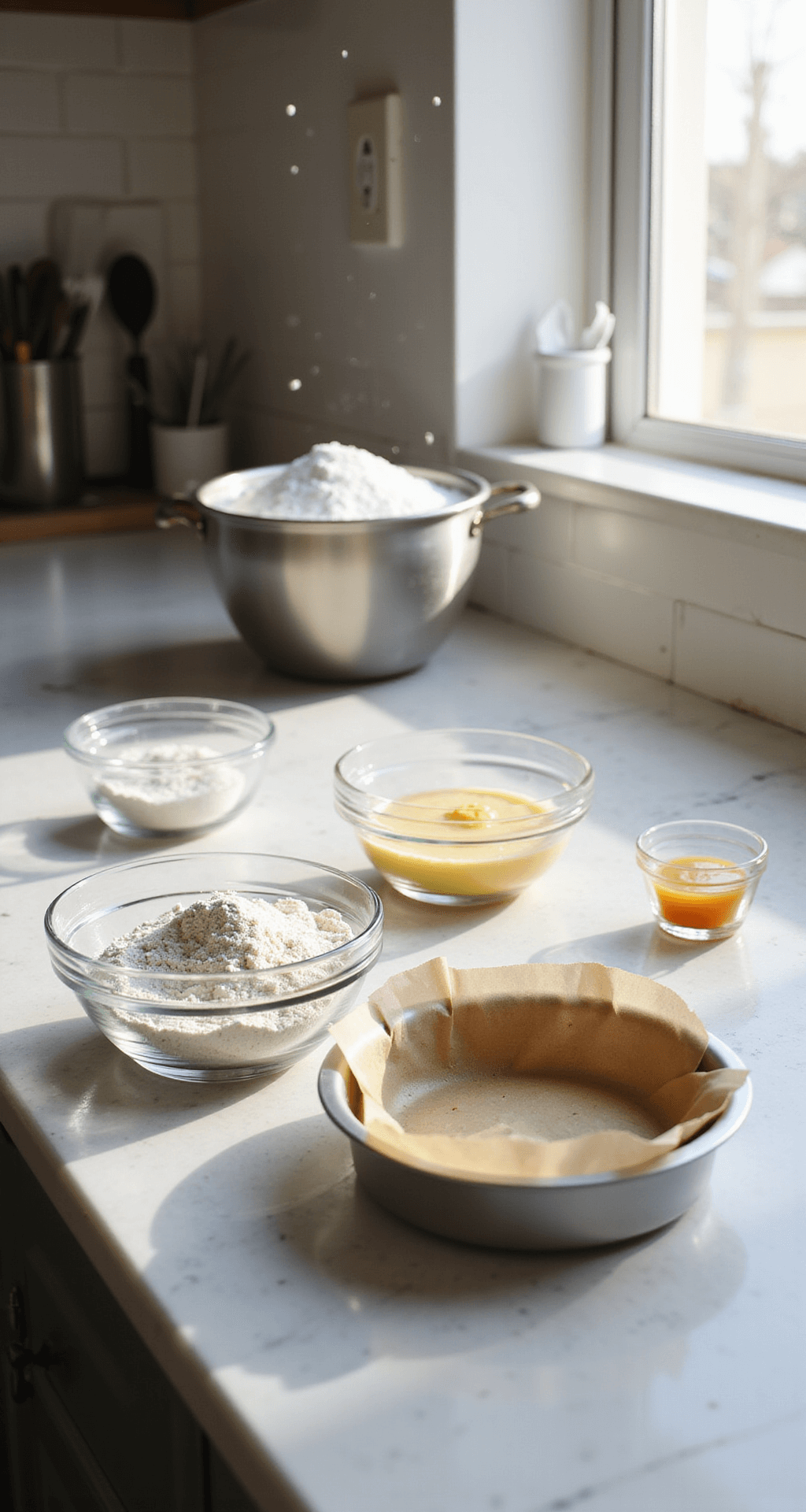 Graduation Bento Cake: The Perfect Mini Celebration Dessert Sunlit kitchen workspace featuring measured ingredients in glass bowls, a lined cake pan, and baking tools, all illuminated by natural morning light.