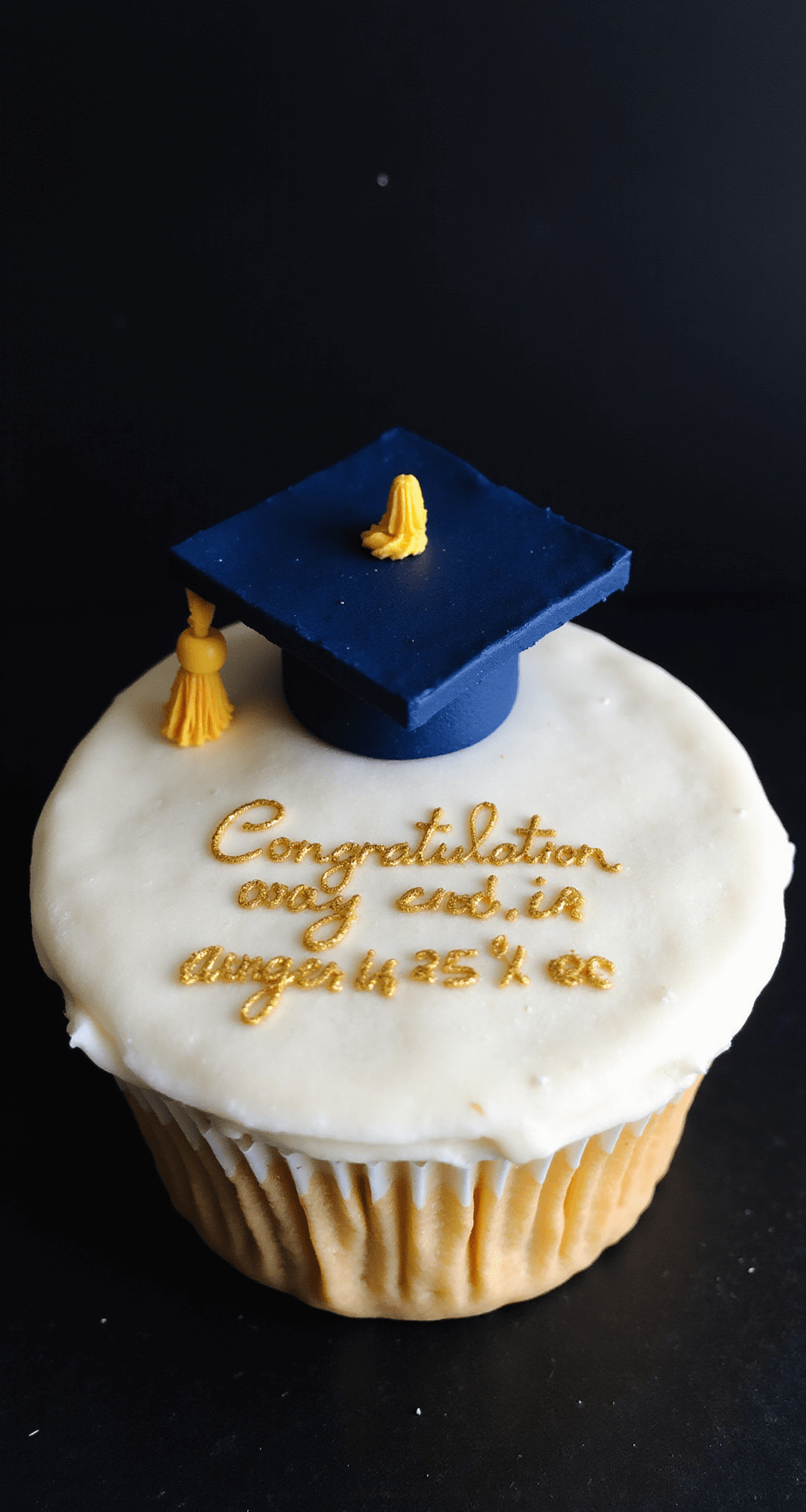 Graduation Bento Cake: The Perfect Mini Celebration Dessert Close-up of a beautifully decorated 4-inch bento cake featuring smooth white buttercream frosting and a deep navy blue fondant graduation cap, accented with golden edible glitter and piped details in school colors, all against a matte black background.