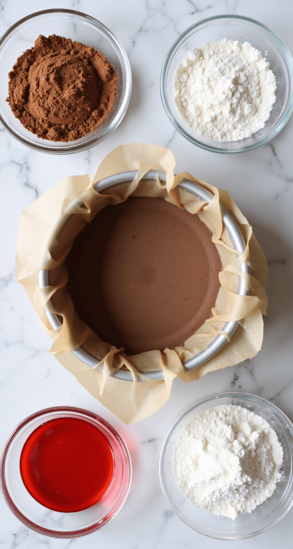 Red Bento Cake: A Delightful Mini Dessert Masterpiece Close-up of baking preparations for red velvet cake on a marble countertop with a lined baking pan and ingredients in glass bowls.