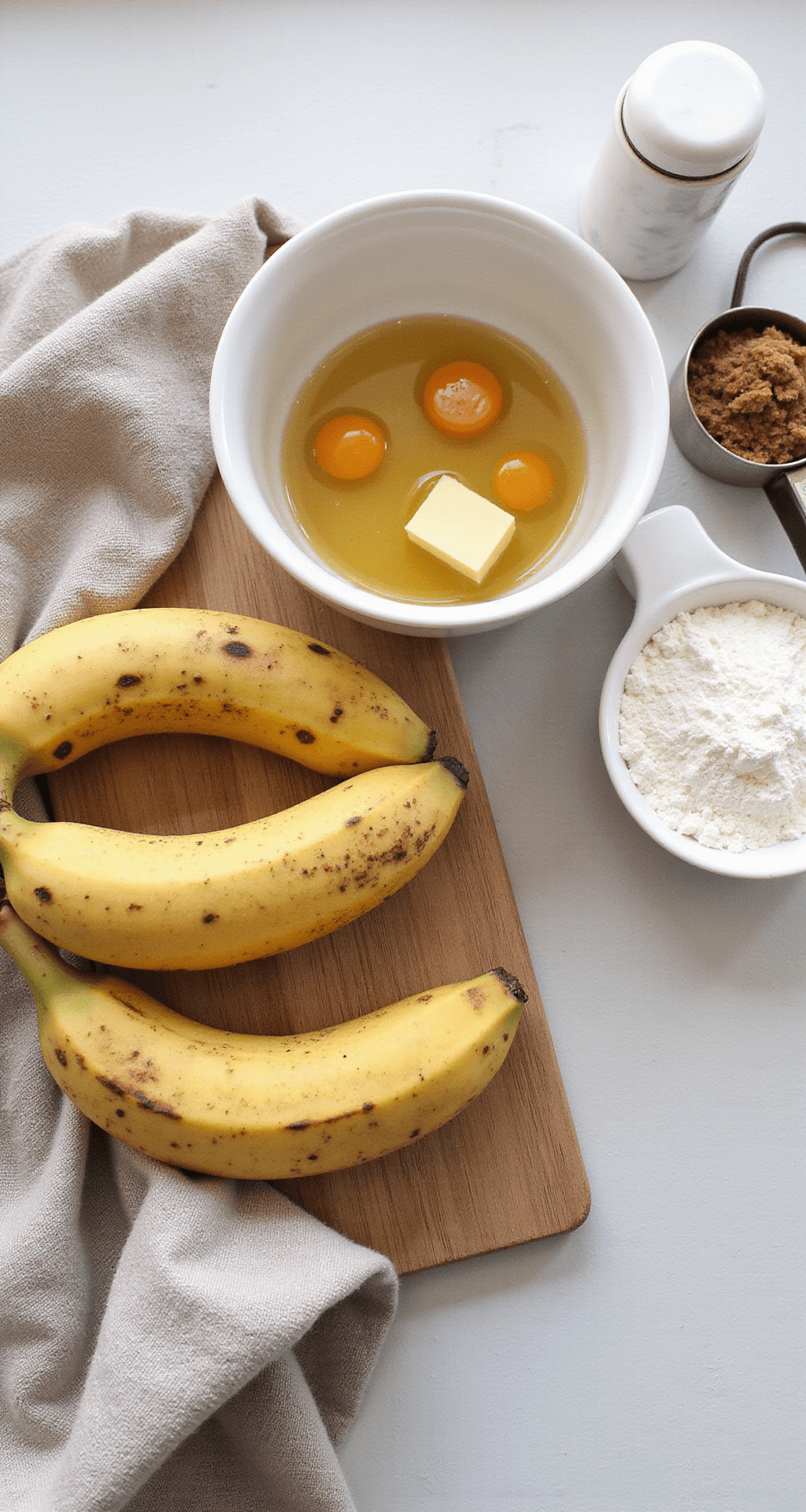 Moist Banana Bread: The Ultimate Homemade Comfort Bread Close-up of a rustic kitchen workspace featuring overripe bananas, a ceramic mixing bowl, melted butter, eggs, and brown sugar on a vintage wooden cutting board, all illuminated by natural light.