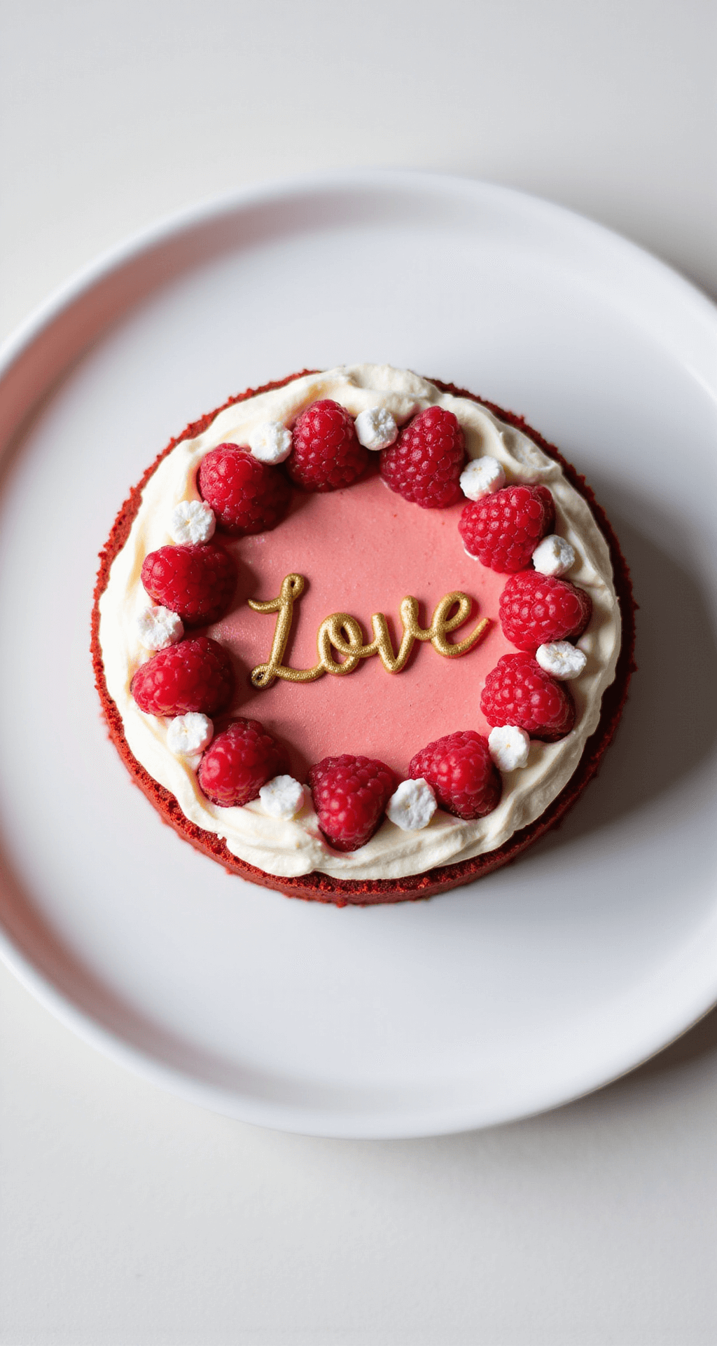 Red Bento Cake: A Delightful Mini Dessert Masterpiece Overhead shot of a mini red velvet bento cake with cream cheese frosting, gold 'Love' lettering, raspberries, and pearl-white decorations on a white plate.