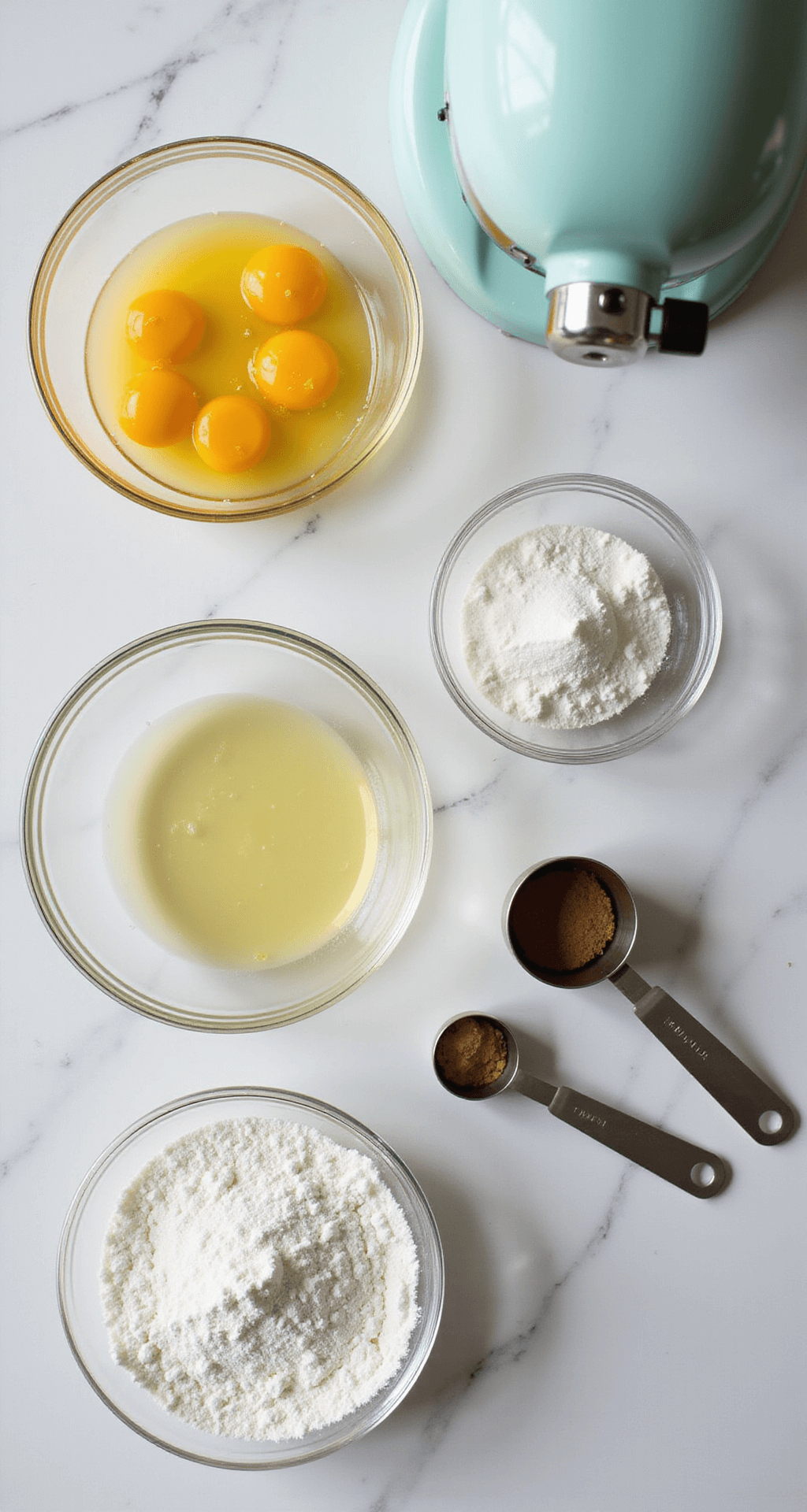 Bento Cake Lucu: The Cutest Mini Cake You'll Ever Make! Close-up of baking ingredients on a marble countertop: egg whites and yolks in glass bowls, flour and sugar in ceramic containers, measuring tools, and a vintage electric mixer, softly lit from the left.