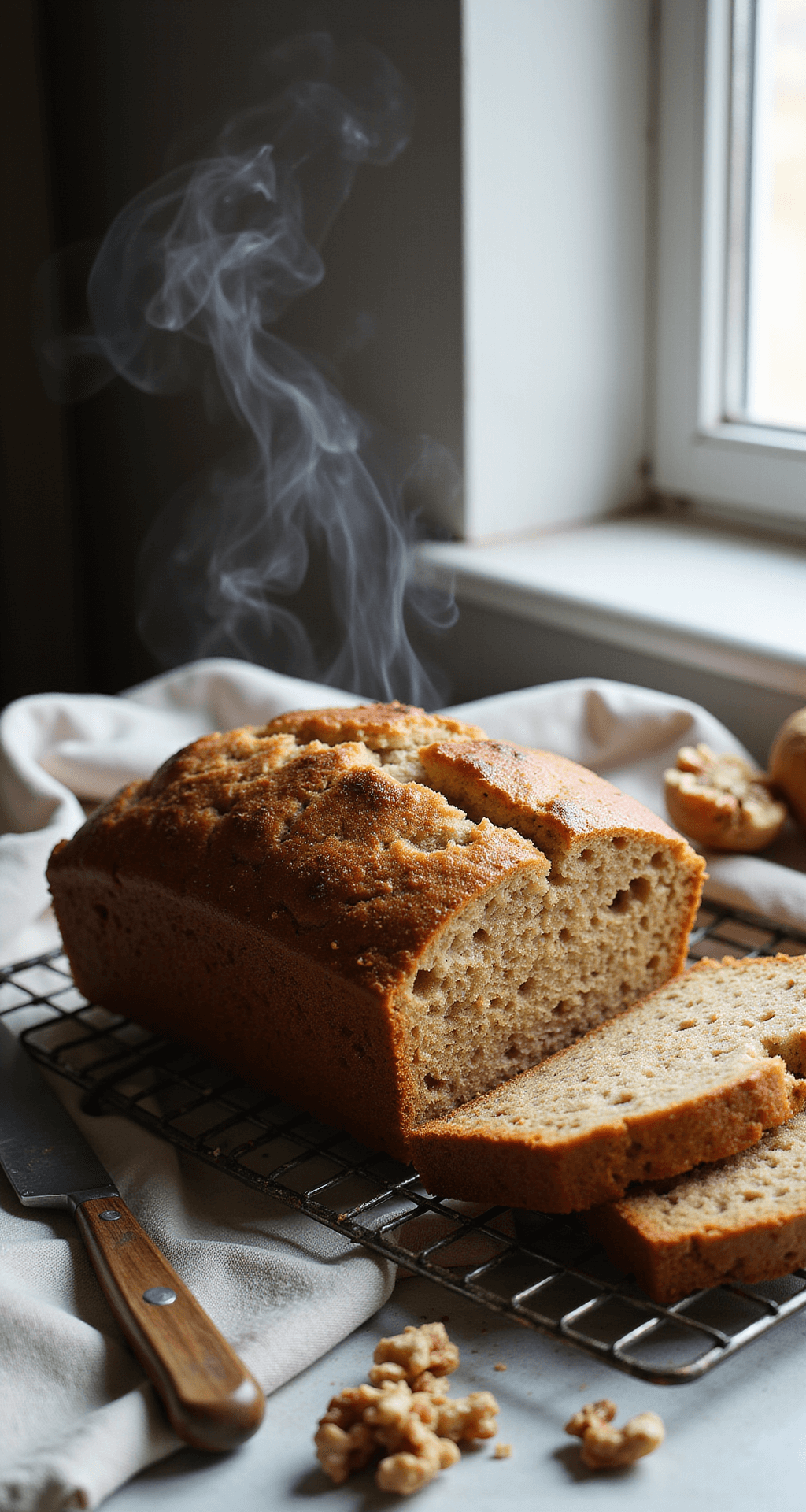 Moist Banana Bread: The Ultimate Homemade Comfort Bread Freshly baked banana bread loaf on a wire cooling rack, with steam rising from its golden-brown crust. A slice has been cut, revealing the moist crumb. The scene is bathed in warm afternoon light, featuring a vintage bread knife, a linen napkin, and scattered walnuts nearby.