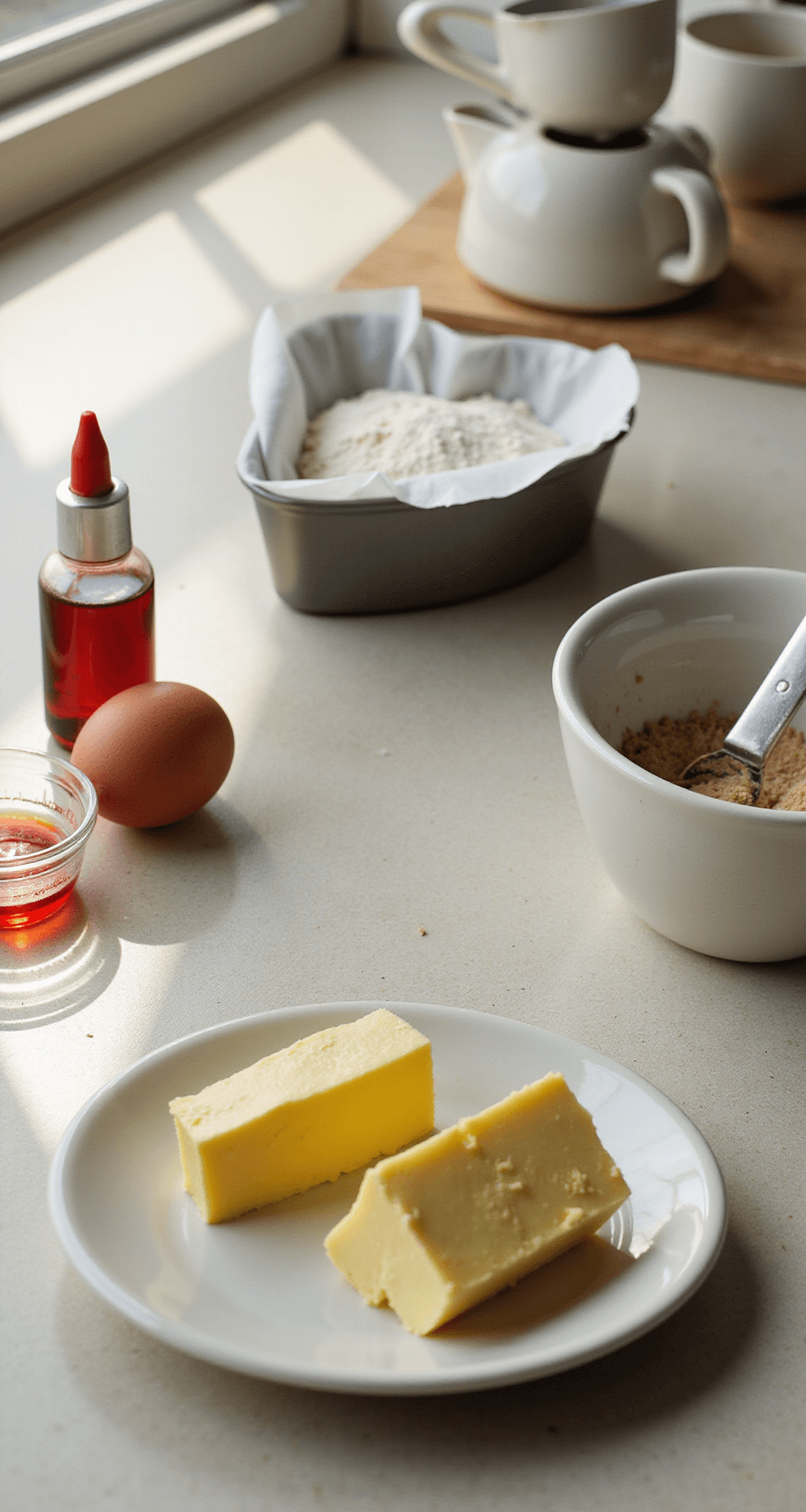 Red Bento Cake: A Cute and Personalized Mini Celebration Cake Sunlit kitchen countertop featuring baking ingredients: a heart-shaped cake pan lined with parchment paper, measuring cups of flour and sugar, softened butter, fresh eggs, and a red food coloring bottle, all arranged in a professional mise en place style.