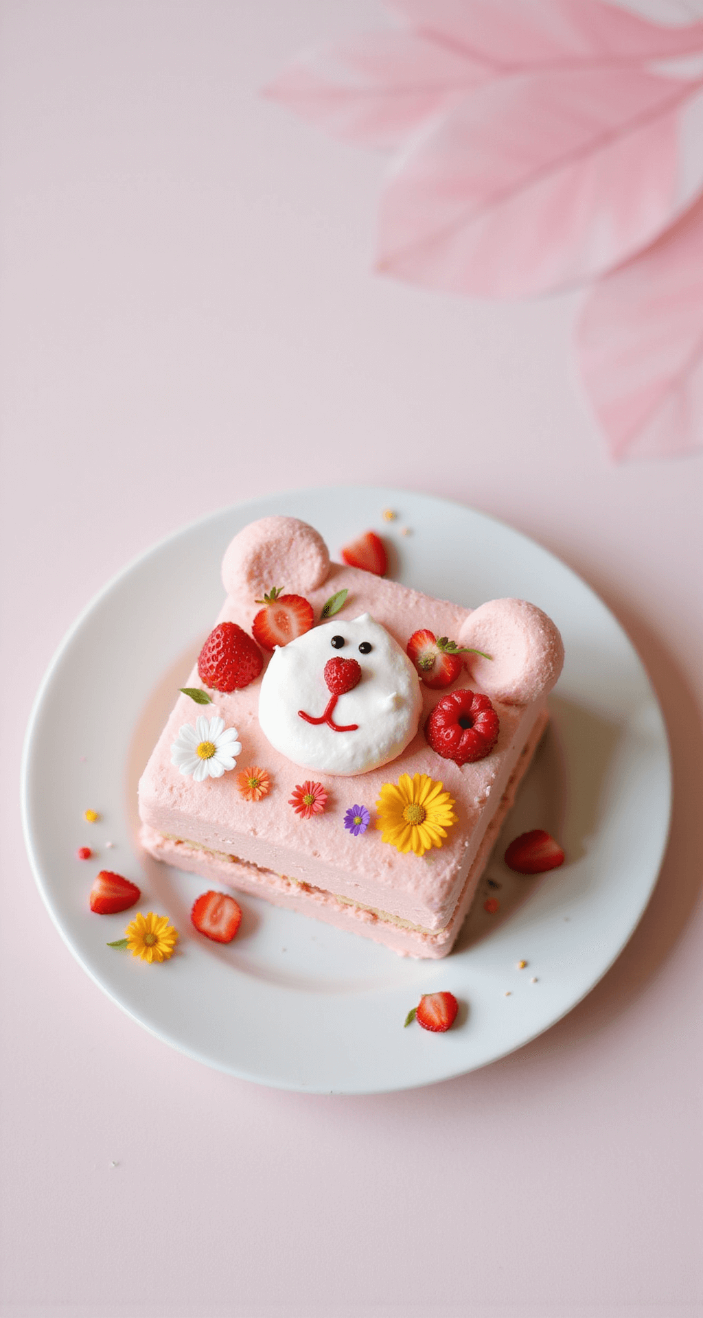 Bento Cake Lucu: The Cutest Mini Cake You'll Ever Make! Overhead view of a mini bento cake on a white plate, featuring whipped cream bear face decoration, strawberries, and edible flowers, set against a pale pink background with soft lighting.