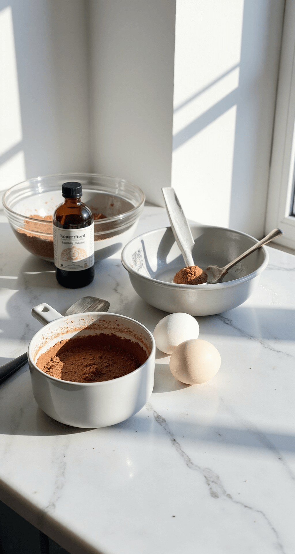 Chocolate Bento Cake: Adorable Mini Layers of Pure Indulgence A sunlit kitchen countertop with neatly arranged baking ingredients and tools, including measuring cups with cocoa powder, fresh eggs, a vanilla extract bottle, and mixing bowls, all casting gentle shadows on a marble surface.