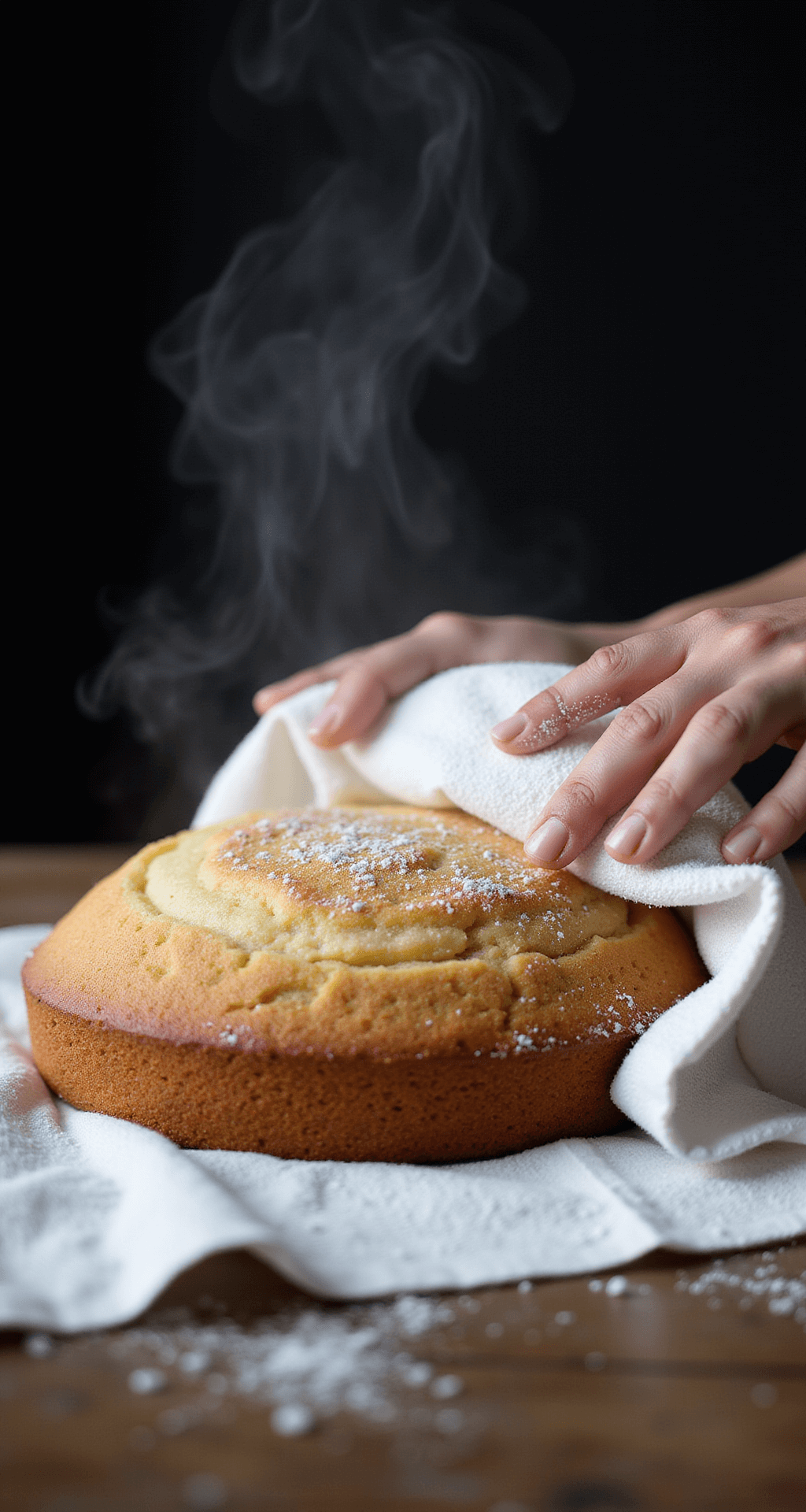 CAKE ROLL RECIPES: The Ultimate Guide to Mastering Rolled Desserts Close-up of hands rolling a golden-brown cake into a powdered sugar-dusted white kitchen towel, with steam rising against a dark background, showcasing the cake's delicate texture and subtle vanilla swirls.