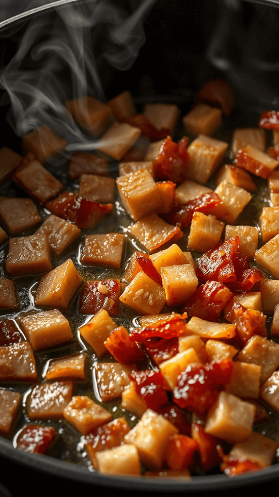 Garlic Bacon Pasta (Quick & One-Pan) Close-up of diced bacon sizzling in a cast-iron skillet, turning crispy brown with visible steam and side lighting.