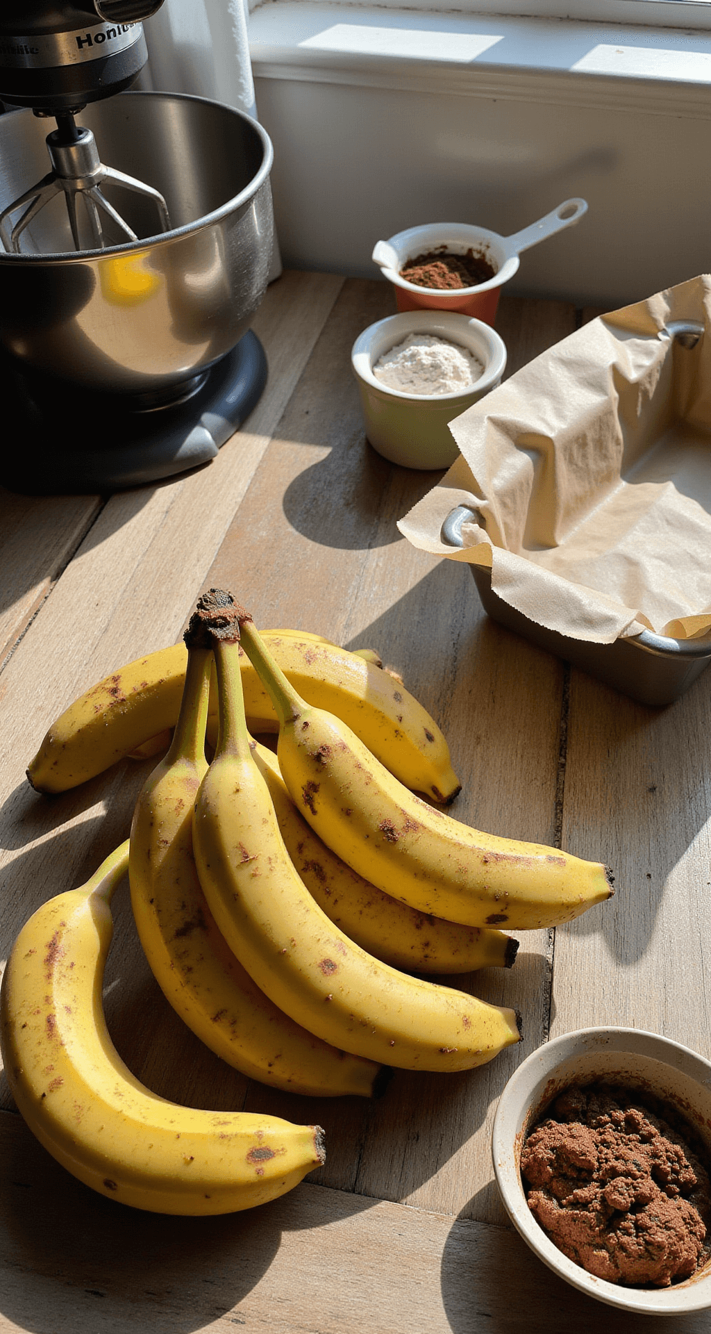 Decadent Chocolate Banana Bread: The Ultimate Comfort Bake A sunlit kitchen counter with overripe bananas, measuring cups of cocoa powder and flour, a vintage stand mixer, and a loaf pan lined with parchment paper, bathed in natural morning light.