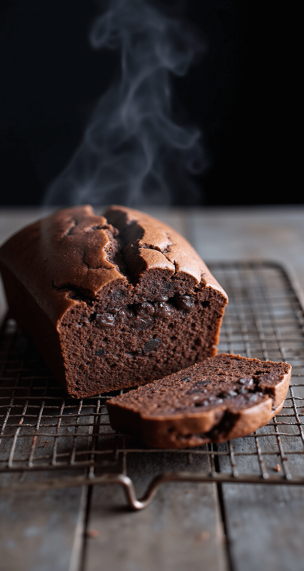 Decadent Chocolate Banana Bread: The Ultimate Comfort Bake A freshly baked chocolate banana bread on an antique wire cooling rack, with steam rising from its crackled surface and melting chocolate chips, showcasing a rich brown color and glossy sheen; a slice reveals a moist interior marbled with chocolate, set against dark food photography lighting.