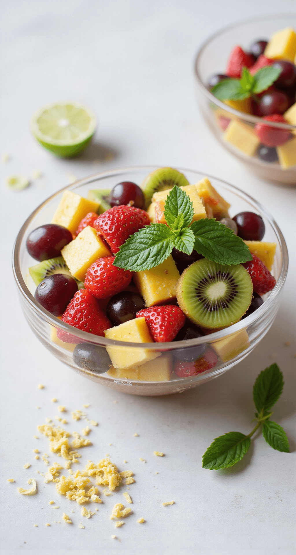 Easy Fruit Salad Recipe: A Burst of Fresh Flavor in Minutes A clear glass bowl holding a colorful fruit salad with layers of strawberries, grapes, kiwis, and pineapple, topped with mint leaves and honey, with lime zest and a lime half beside it.