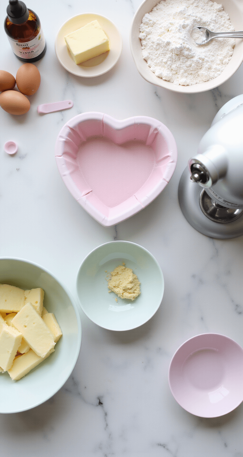 PINK BENTO CAKE: ADORABLE MINI CELEBRATION DESSERT Overhead view of a marble countertop with baking ingredients, including softened butter, fresh eggs, flour, and sugar in elegant measuring cups, a heart-shaped pan lined with pink baking paper, pastel mixing bowls, a stand mixer, and a pink food coloring dropper, all illuminated by soft natural light.