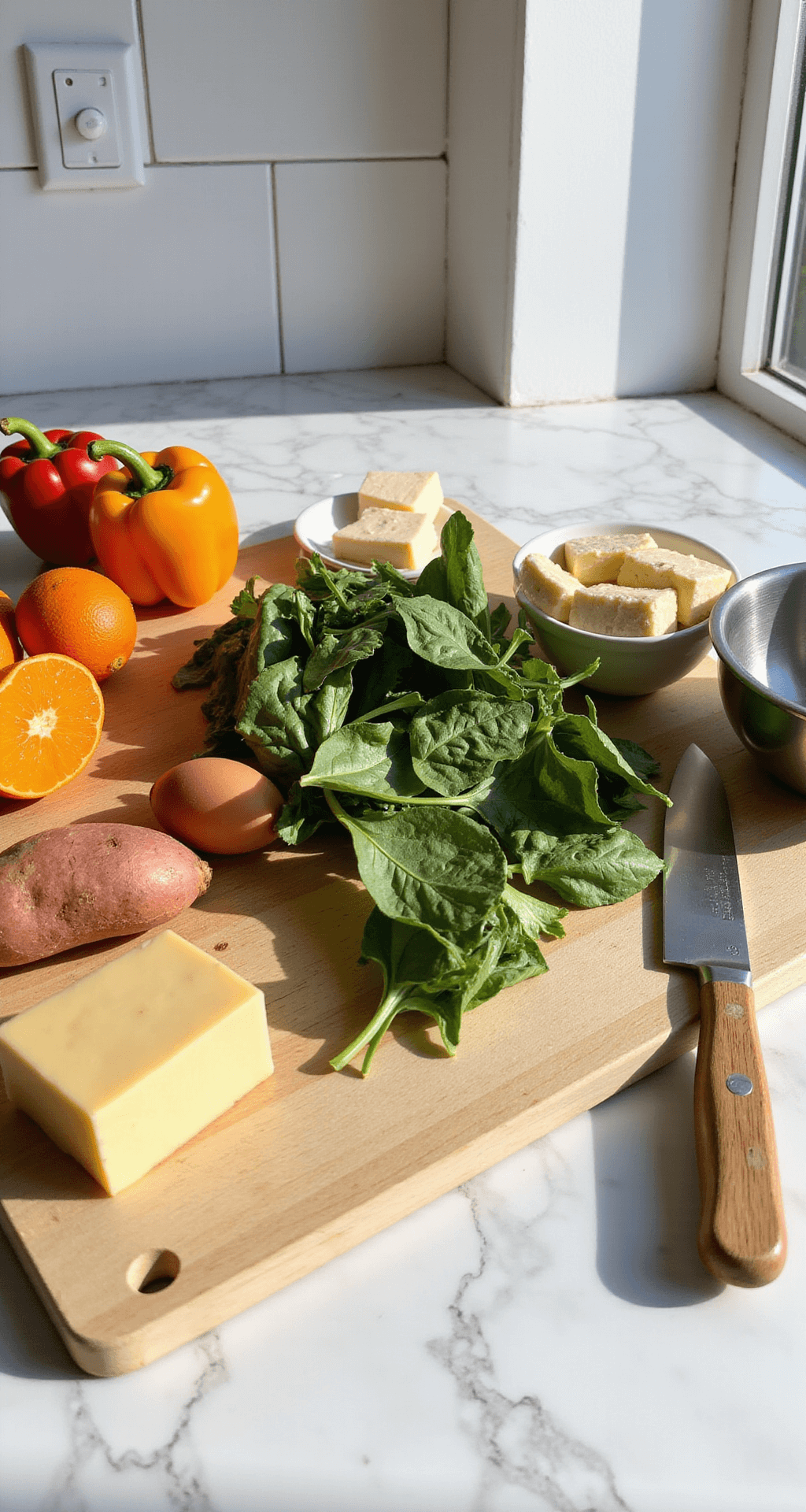 Healthy Breakfast Casserole: A Nutritious Morning Delight A sunlit kitchen counter with fresh ingredients including bell peppers, spinach, sweet potatoes, eggs, and cheese, alongside a cutting board, knife, and mixing bowls.