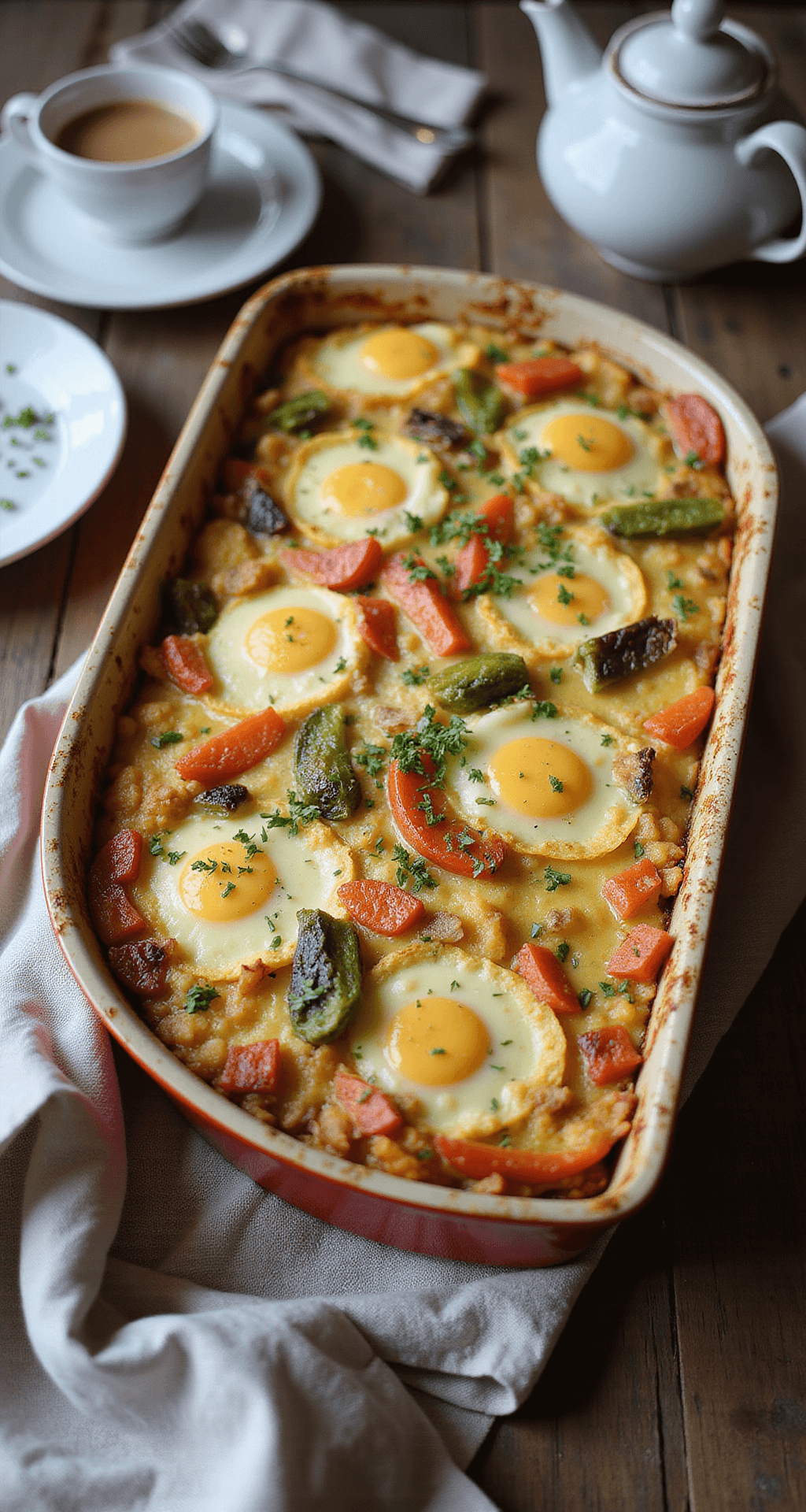 Healthy Breakfast Casserole: A Nutritious Morning Delight A freshly baked breakfast casserole in a ceramic dish, topped with melted cheese and roasted vegetables, garnished with herbs on a wooden table.