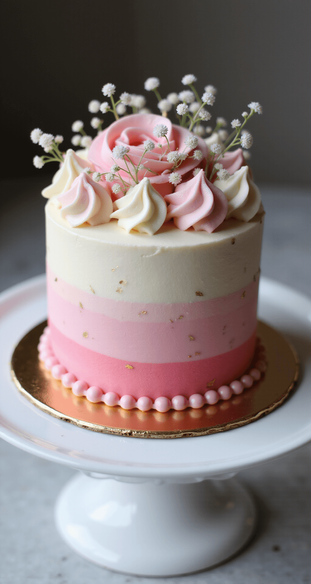 PINK BENTO CAKE: ADORABLE MINI CELEBRATION DESSERT Close-up of a mini pink bento cake with ombre buttercream in shades of rose, decorated with edible gold leaf, sugar pearls, and fresh baby's breath on a vintage white ceramic stand, set in soft bokeh lighting.
